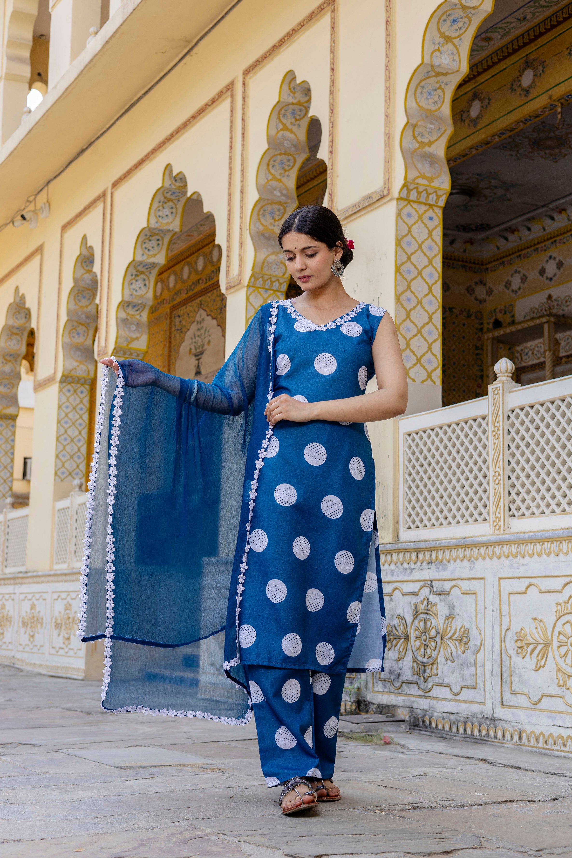 Bold Blue Polka Dot Cotton Suit Set