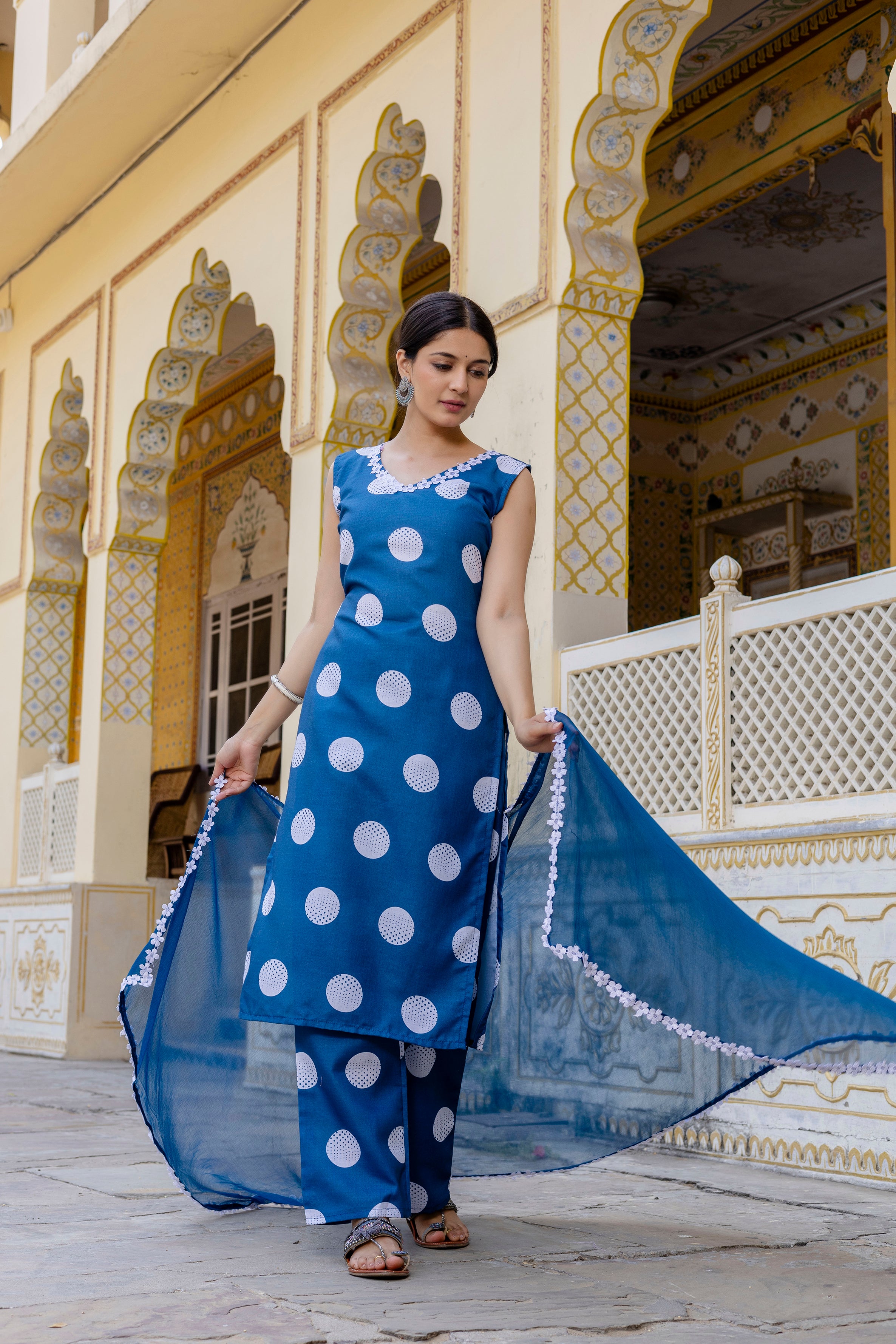 Bold Blue Polka Dot Cotton Suit Set