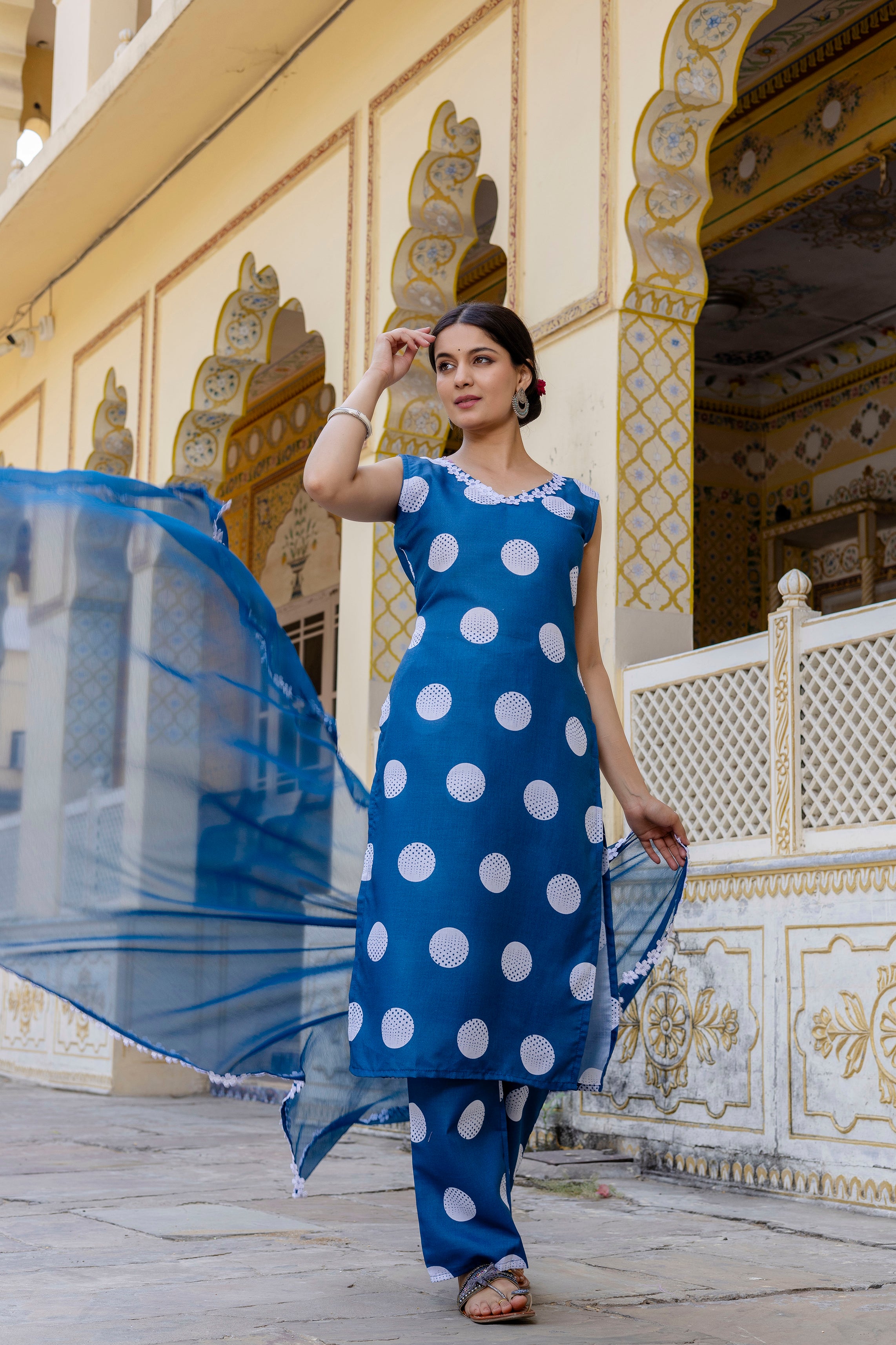 Bold Blue Polka Dot Cotton Suit Set