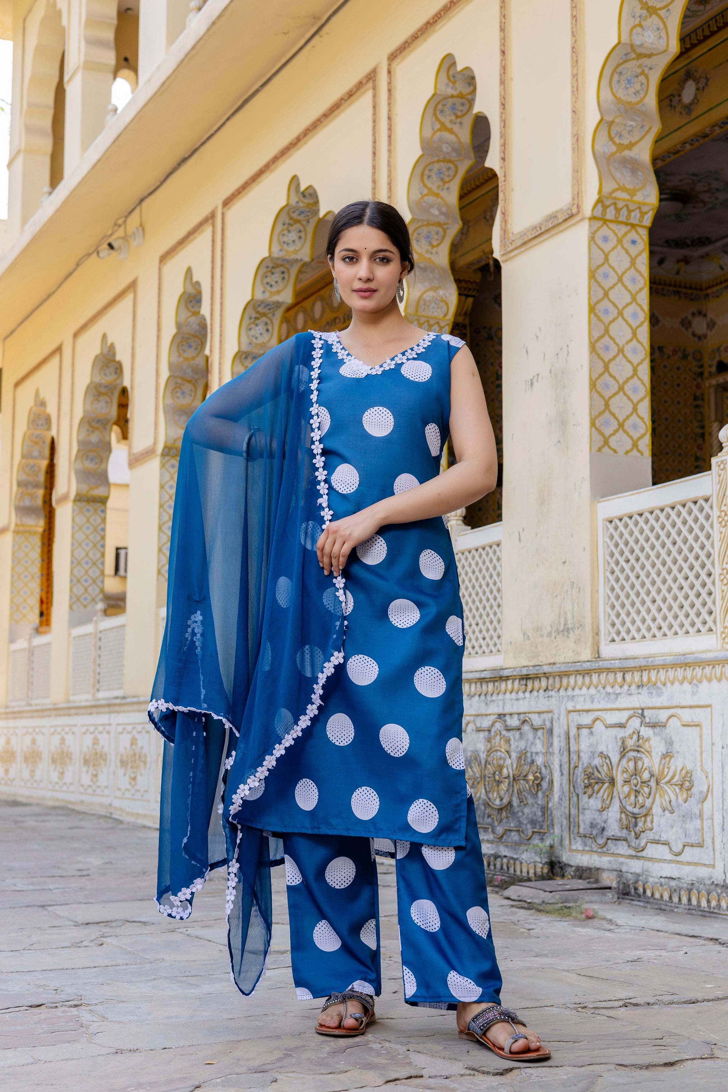 Bold Blue Polka Dot Cotton Suit Set