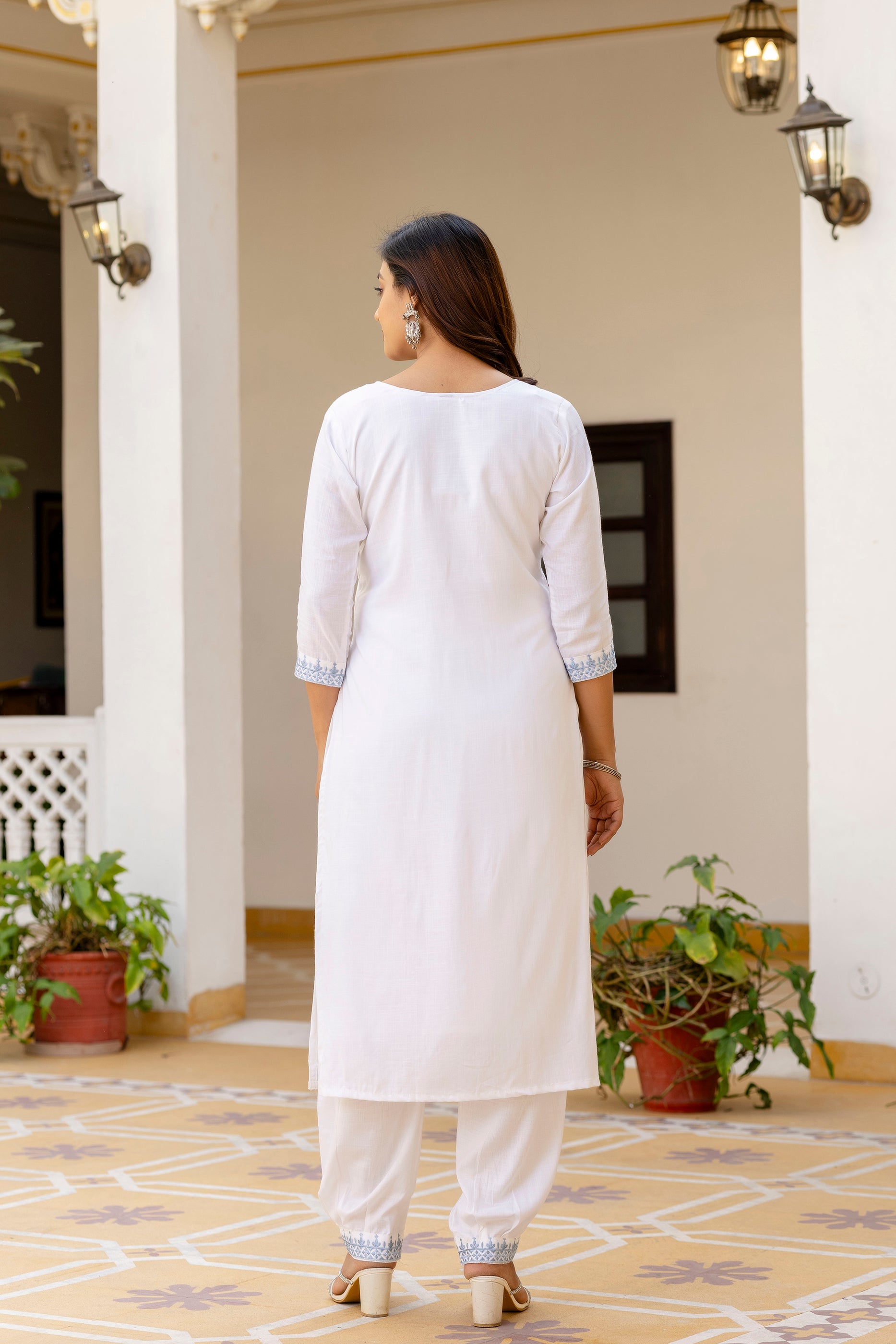 White & Powder Blue Embroidered Cotton Suit Set ❄️