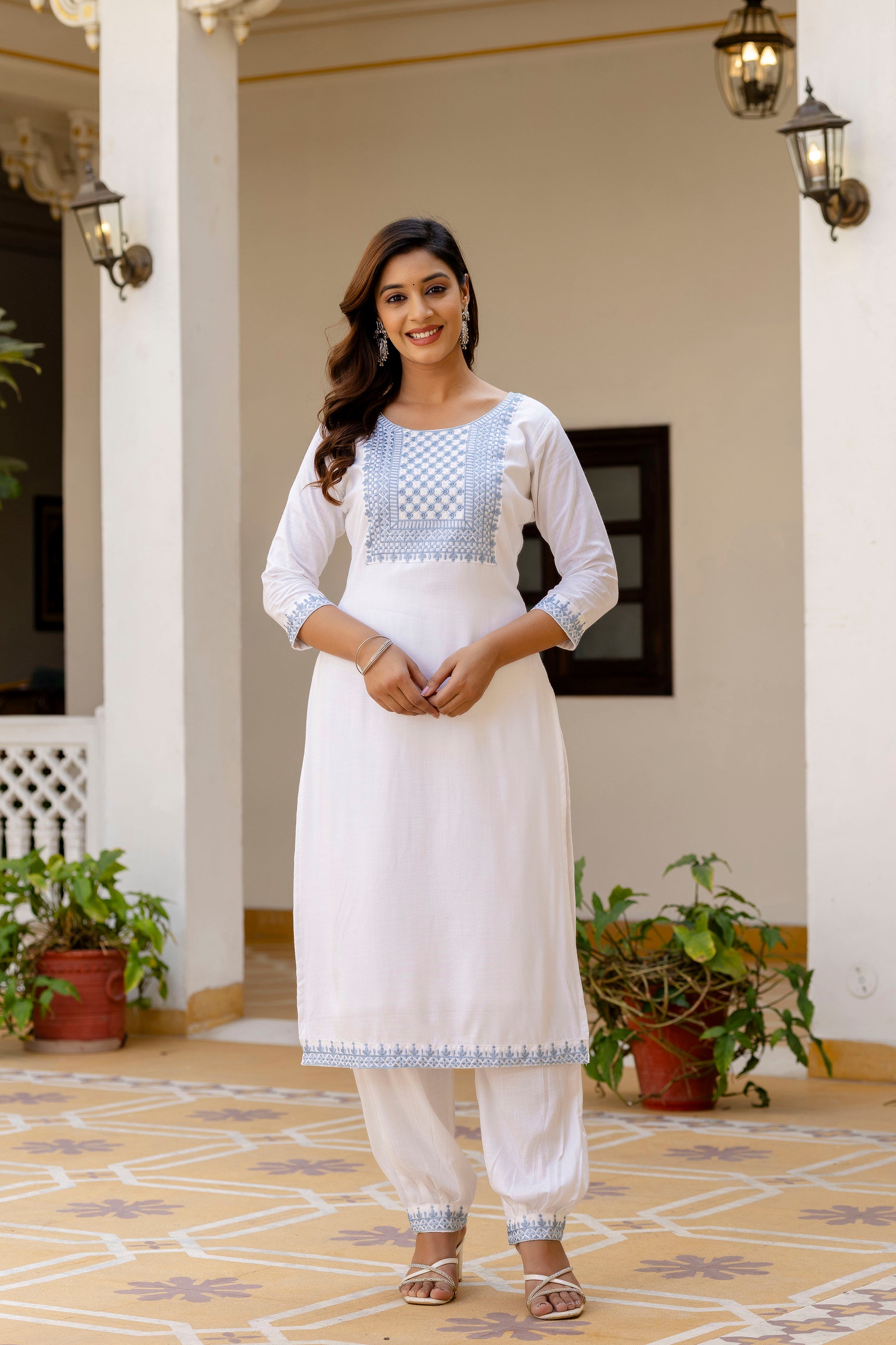 White & Powder Blue Embroidered Cotton Suit Set ❄️