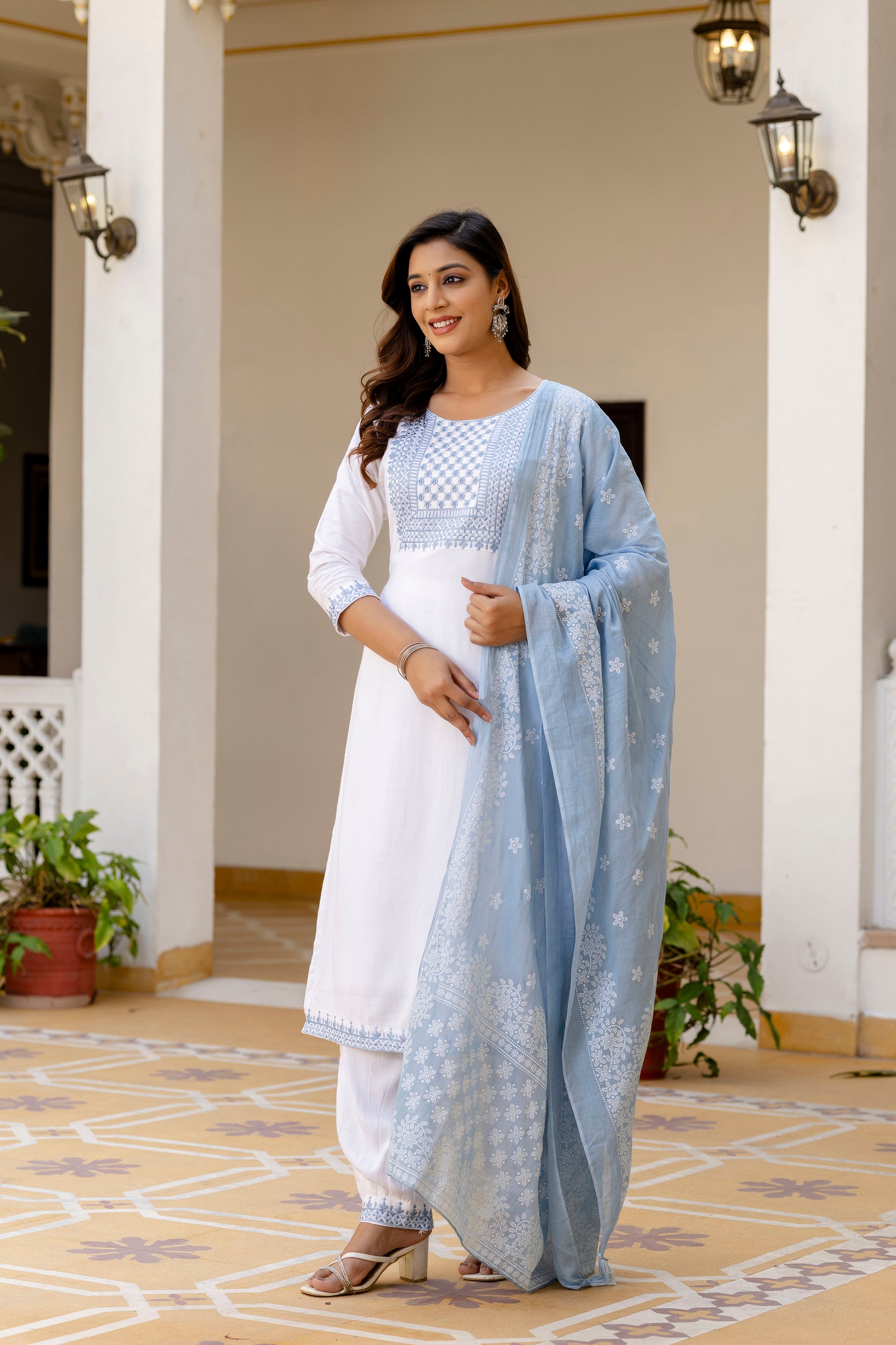 White & Powder Blue Embroidered Cotton Suit Set ❄️