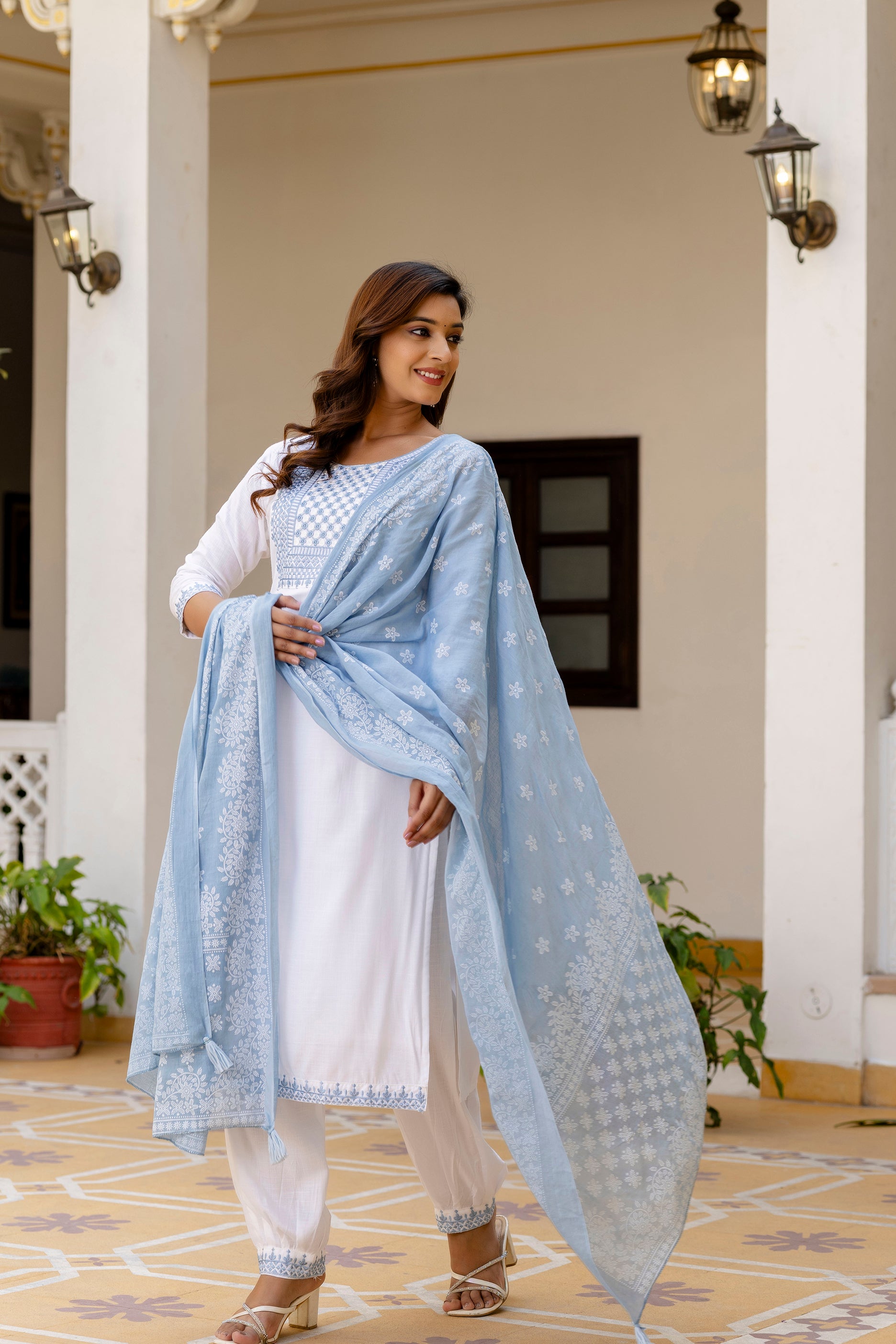 White & Powder Blue Embroidered Cotton Suit Set ❄️
