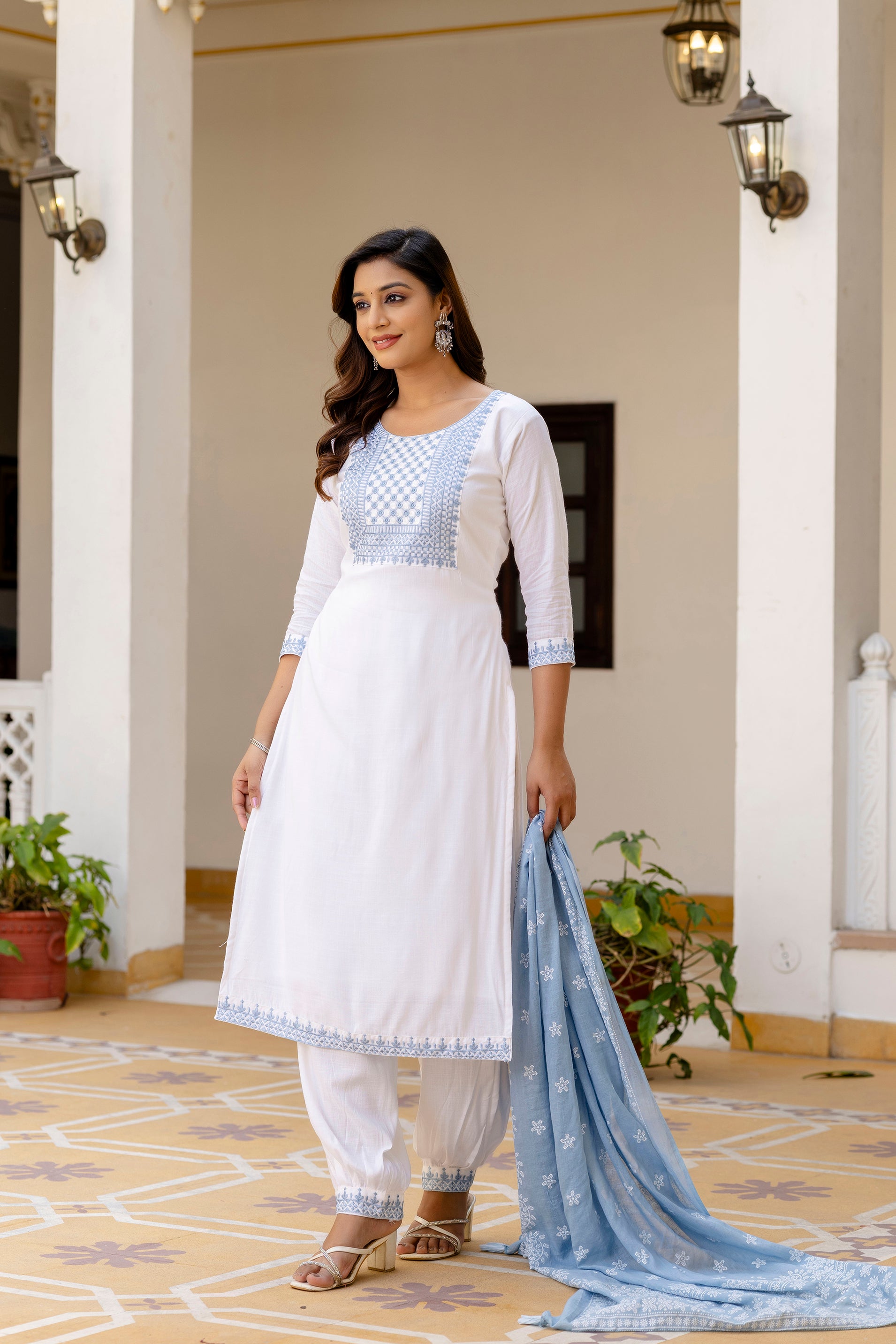 White & Powder Blue Embroidered Cotton Suit Set ❄️