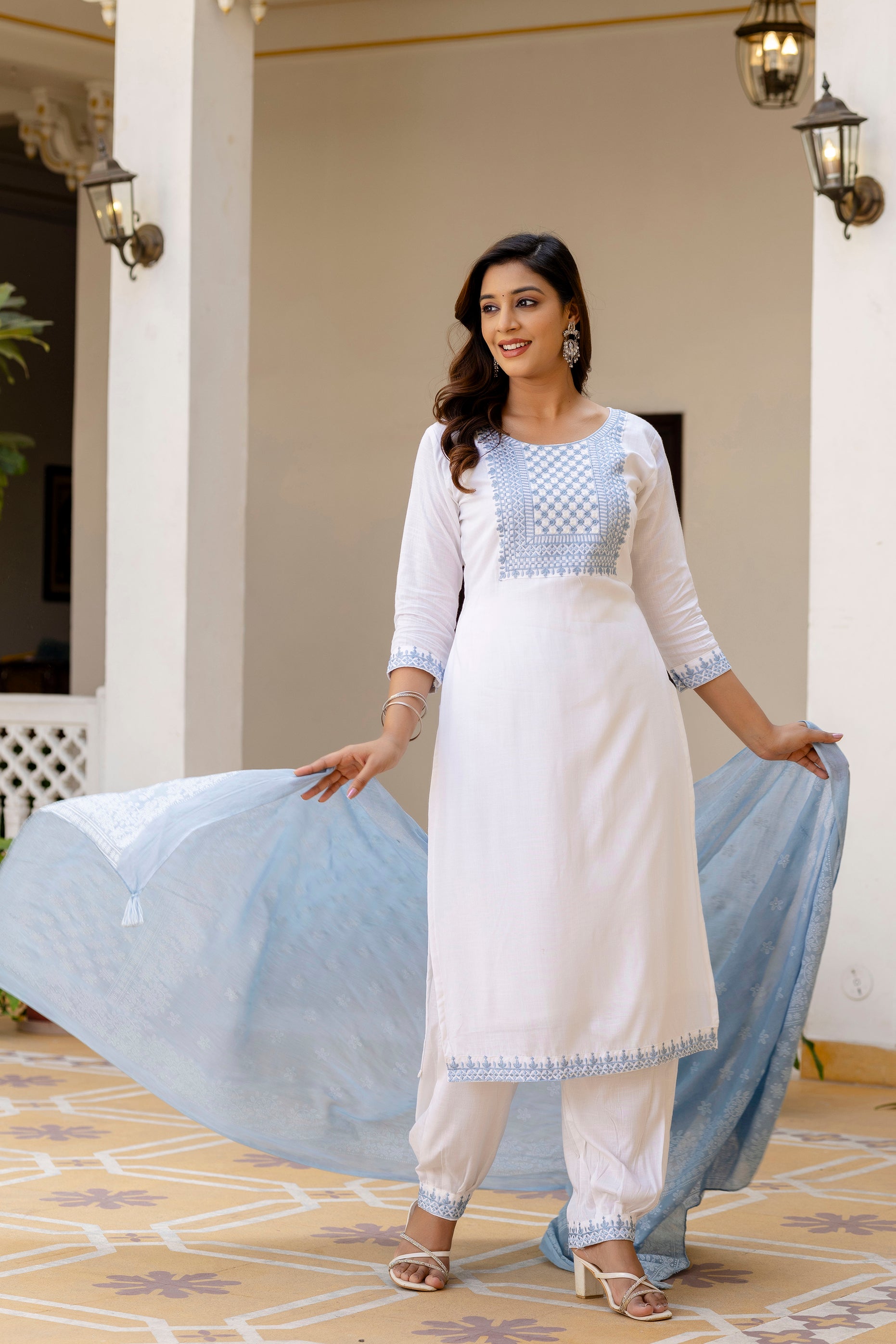 White & Powder Blue Embroidered Cotton Suit Set ❄️