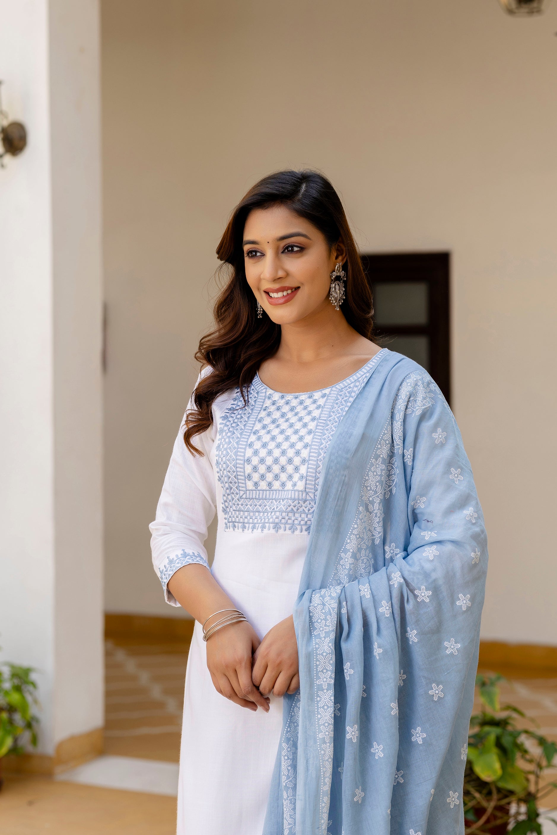 White & Powder Blue Embroidered Cotton Suit Set ❄️