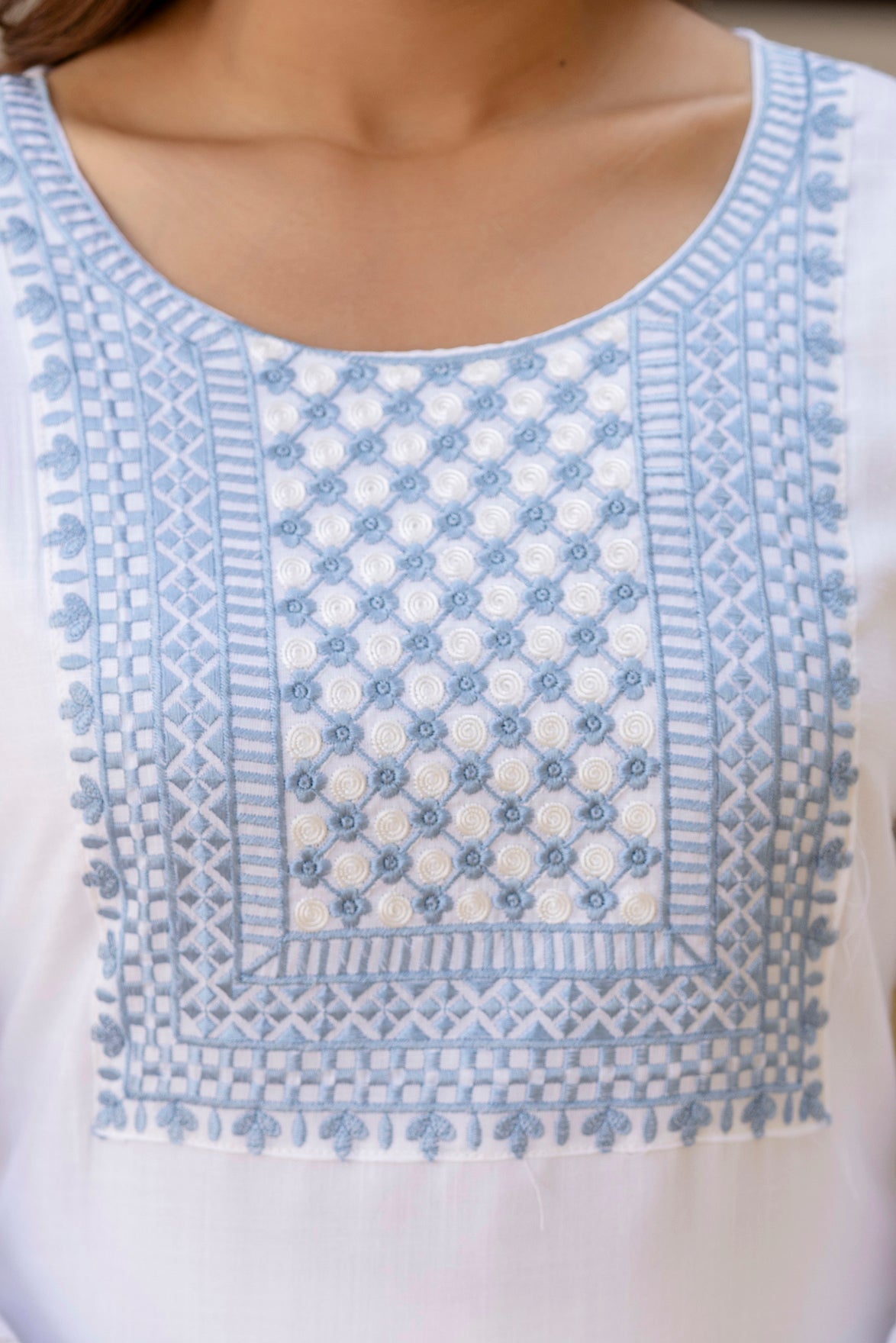 White & Powder Blue Embroidered Cotton Suit Set ❄️