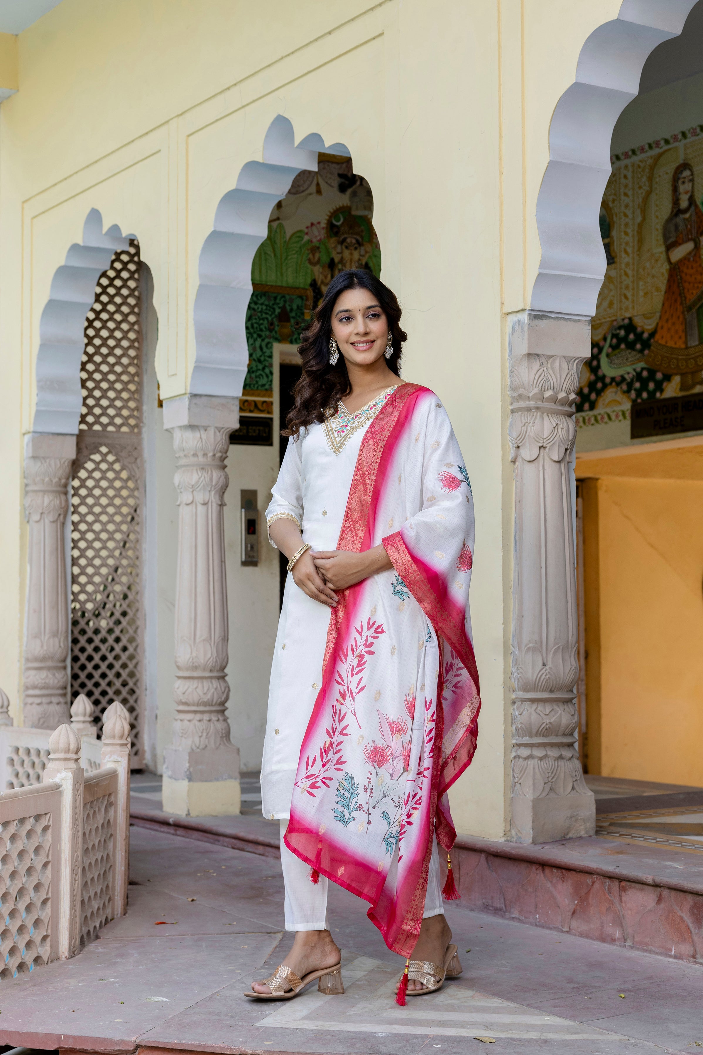 Elegant White Embroidered Suit Set with Pink Dupatta