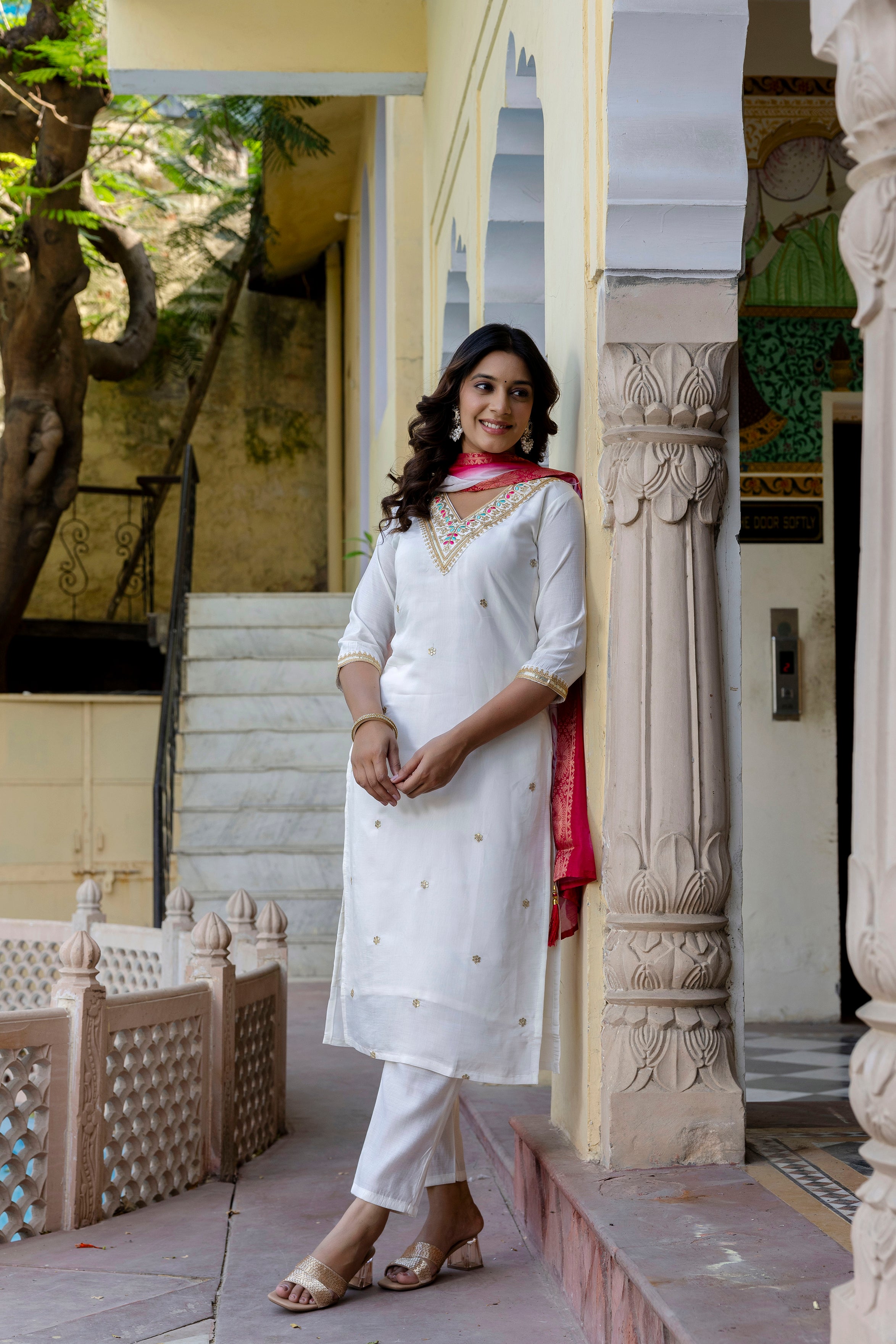 Elegant White Embroidered Suit Set with Pink Dupatta