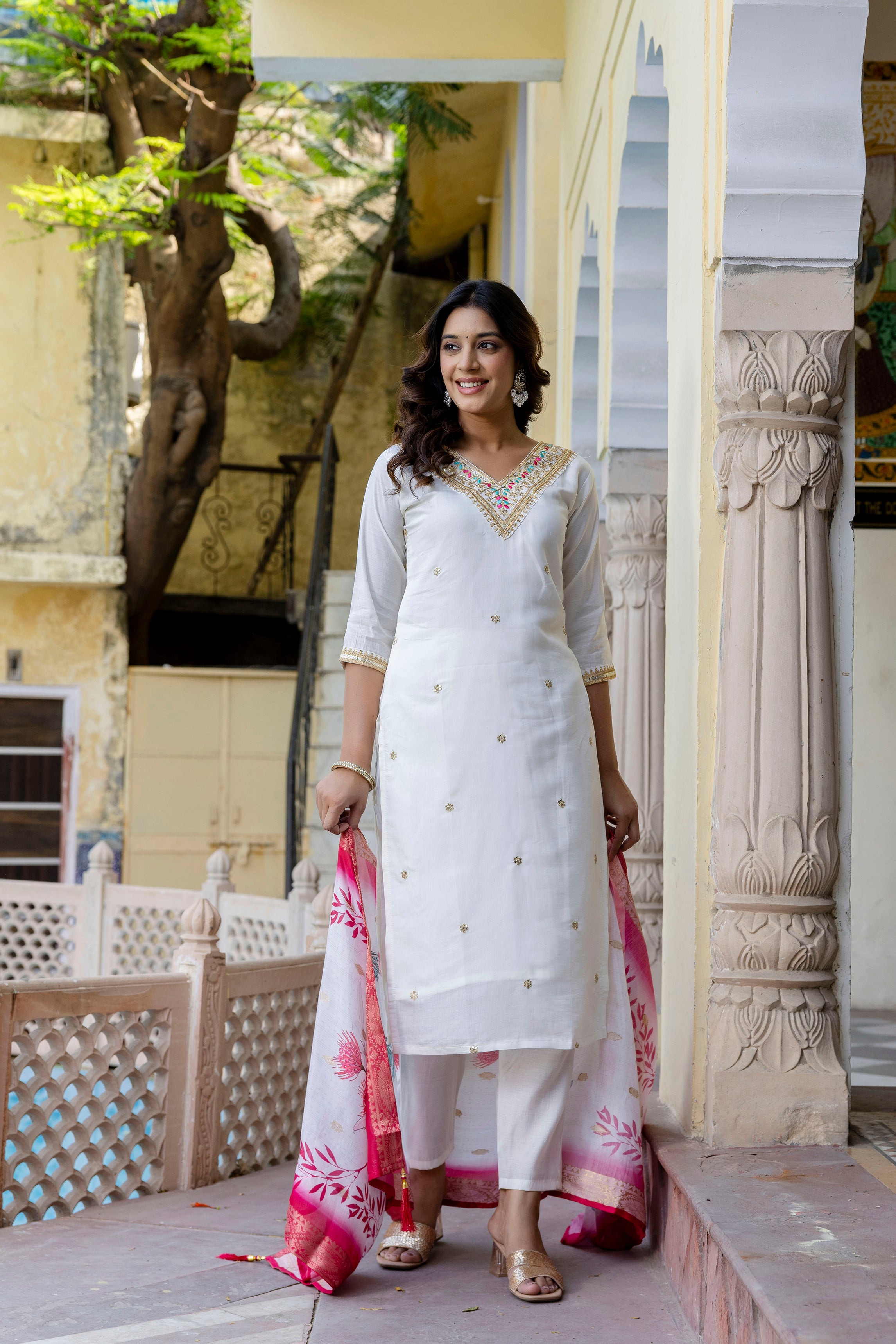 Elegant White Embroidered Suit Set with Pink Dupatta