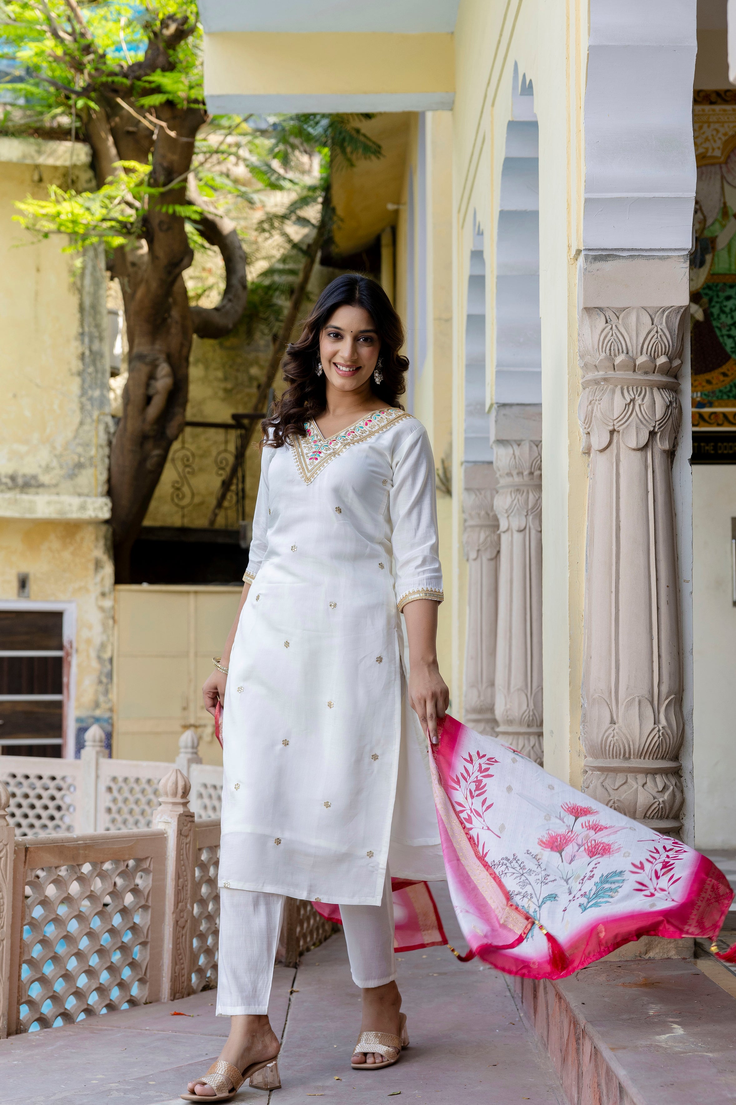 Elegant White Embroidered Suit Set with Pink Dupatta