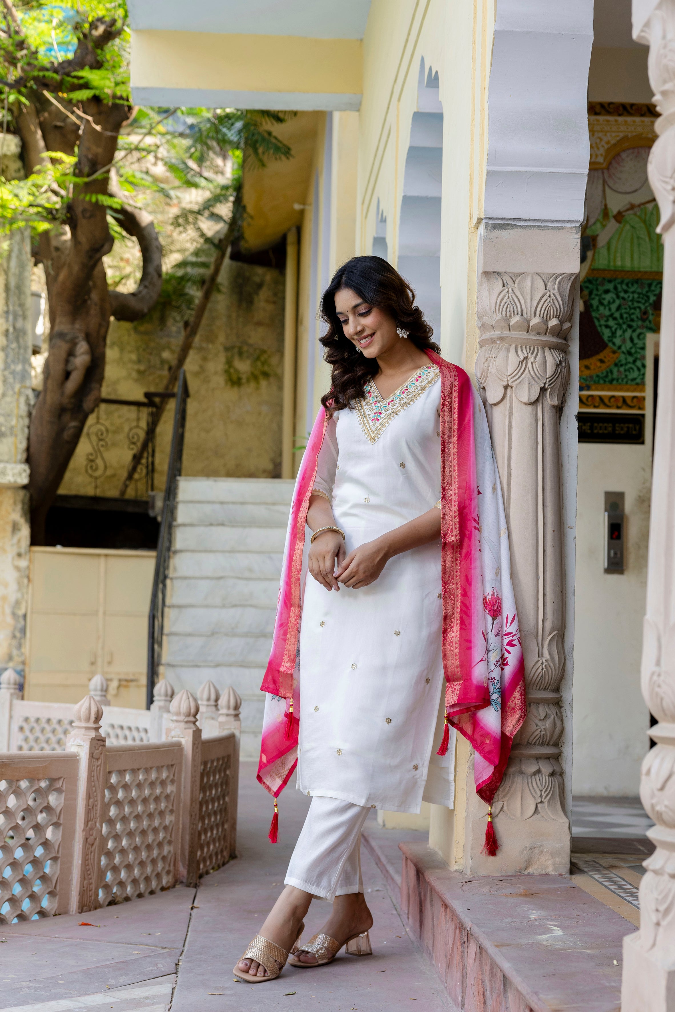 Elegant White Embroidered Suit Set with Pink Dupatta