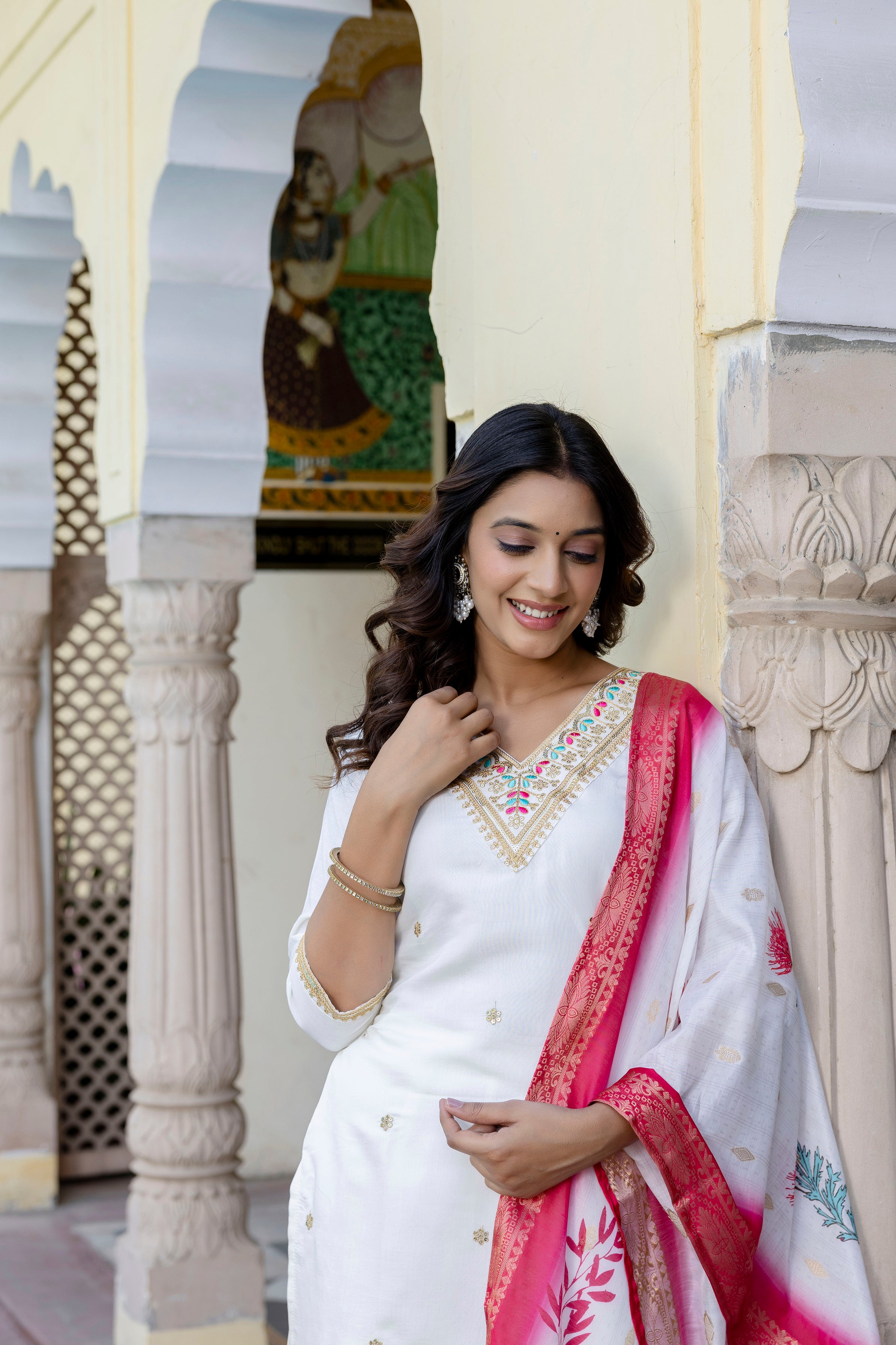 Elegant White Embroidered Suit Set with Pink Dupatta
