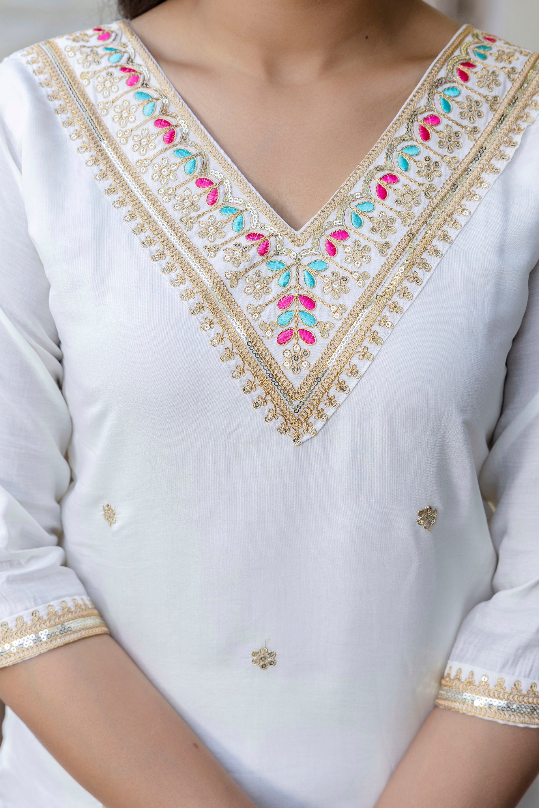 Elegant White Embroidered Suit Set with Pink Dupatta