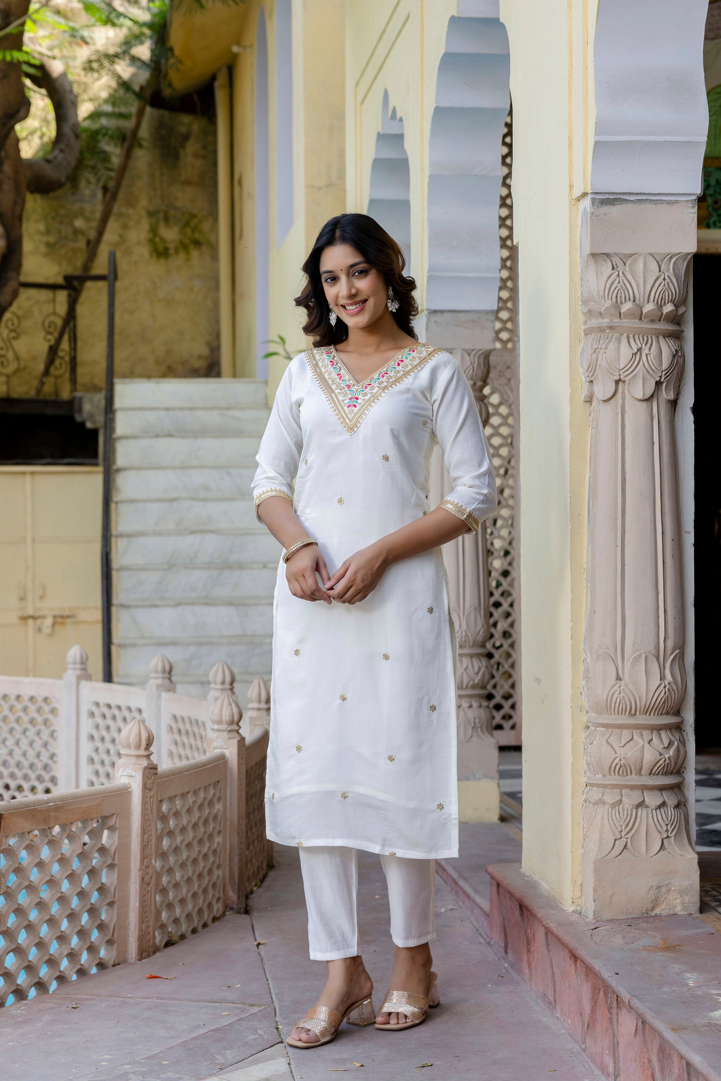 Elegant White Embroidered Suit Set with Pink Dupatta