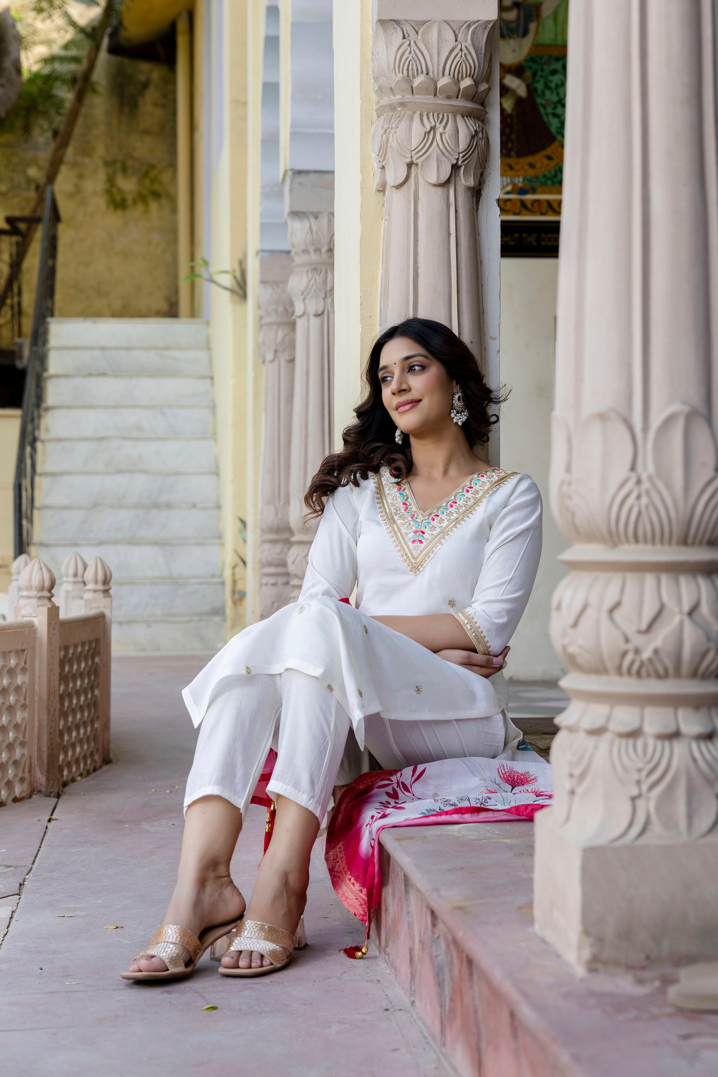 Elegant White Embroidered Suit Set with Pink Dupatta