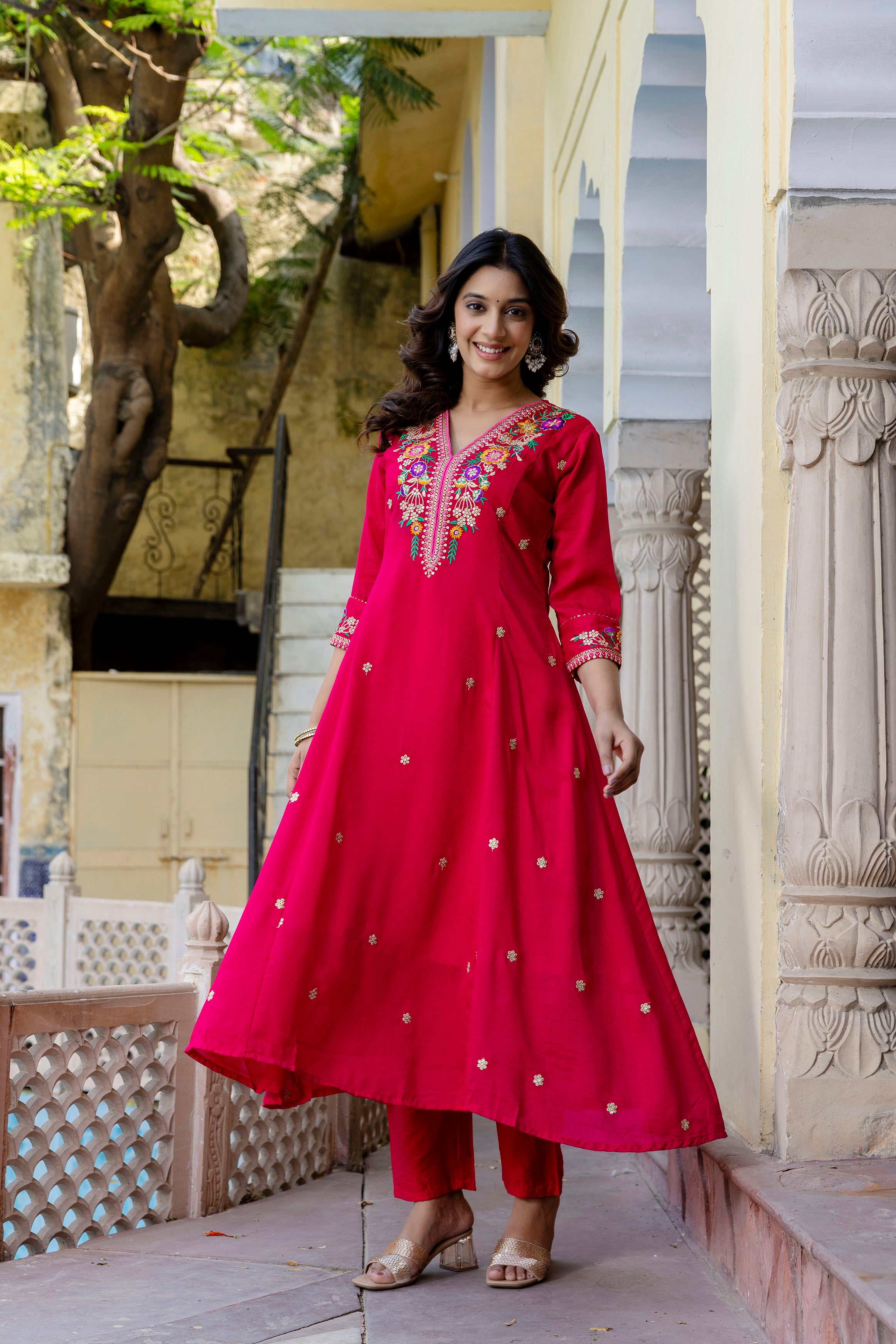 Fuchsia Floral Embroidered Anarkali Set