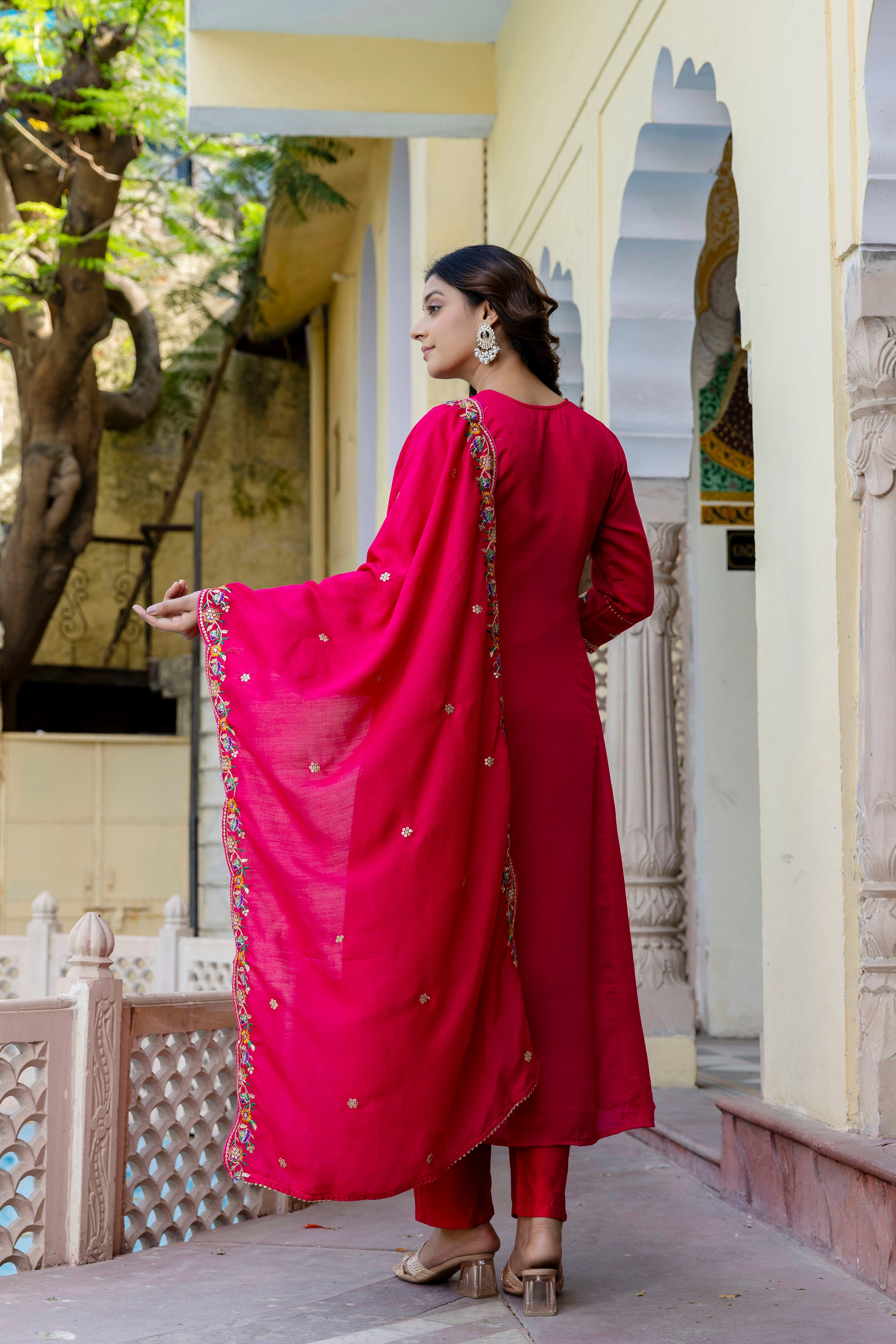 Fuchsia Floral Embroidered Anarkali Set