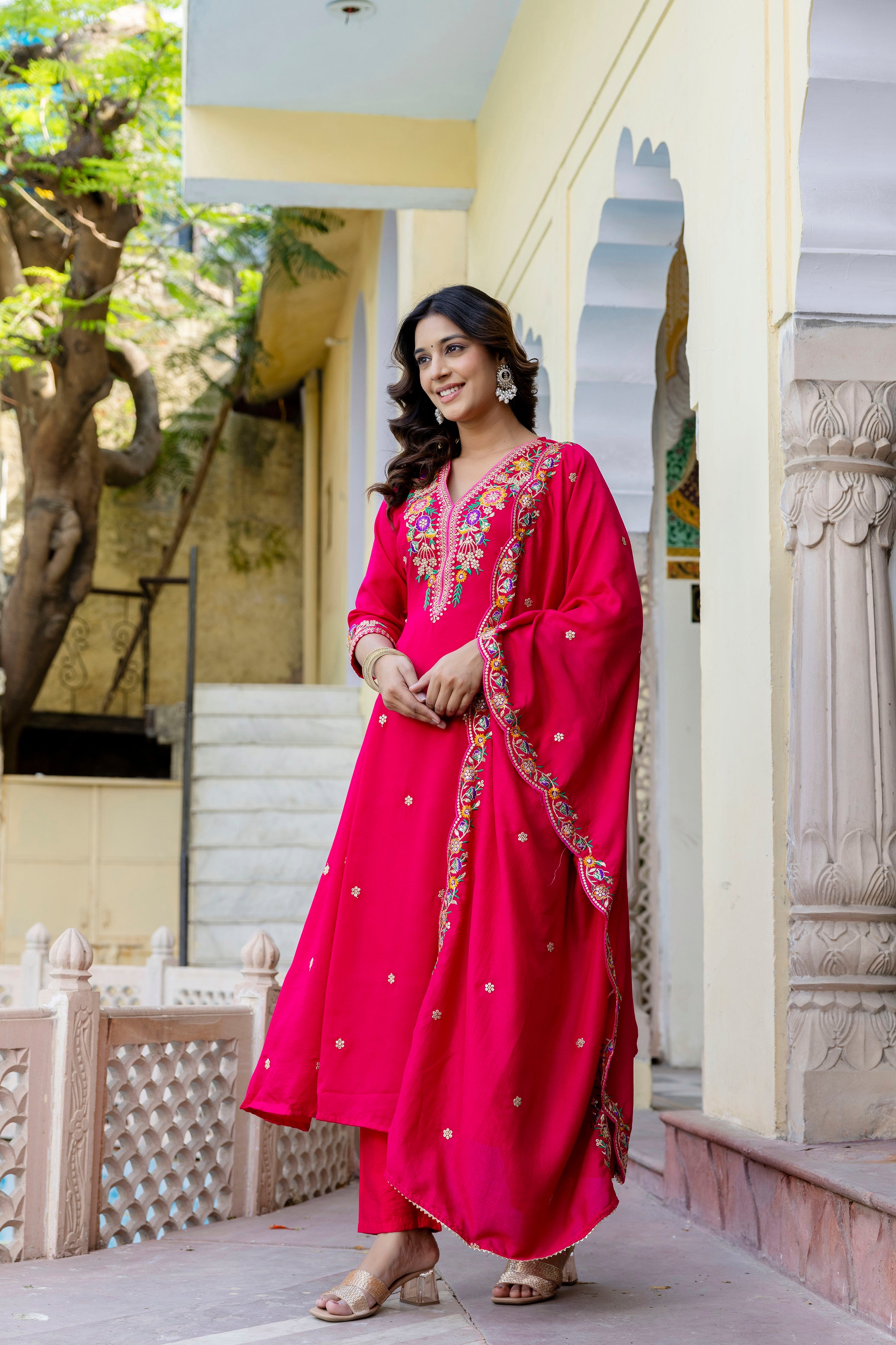 Fuchsia Floral Embroidered Anarkali Set