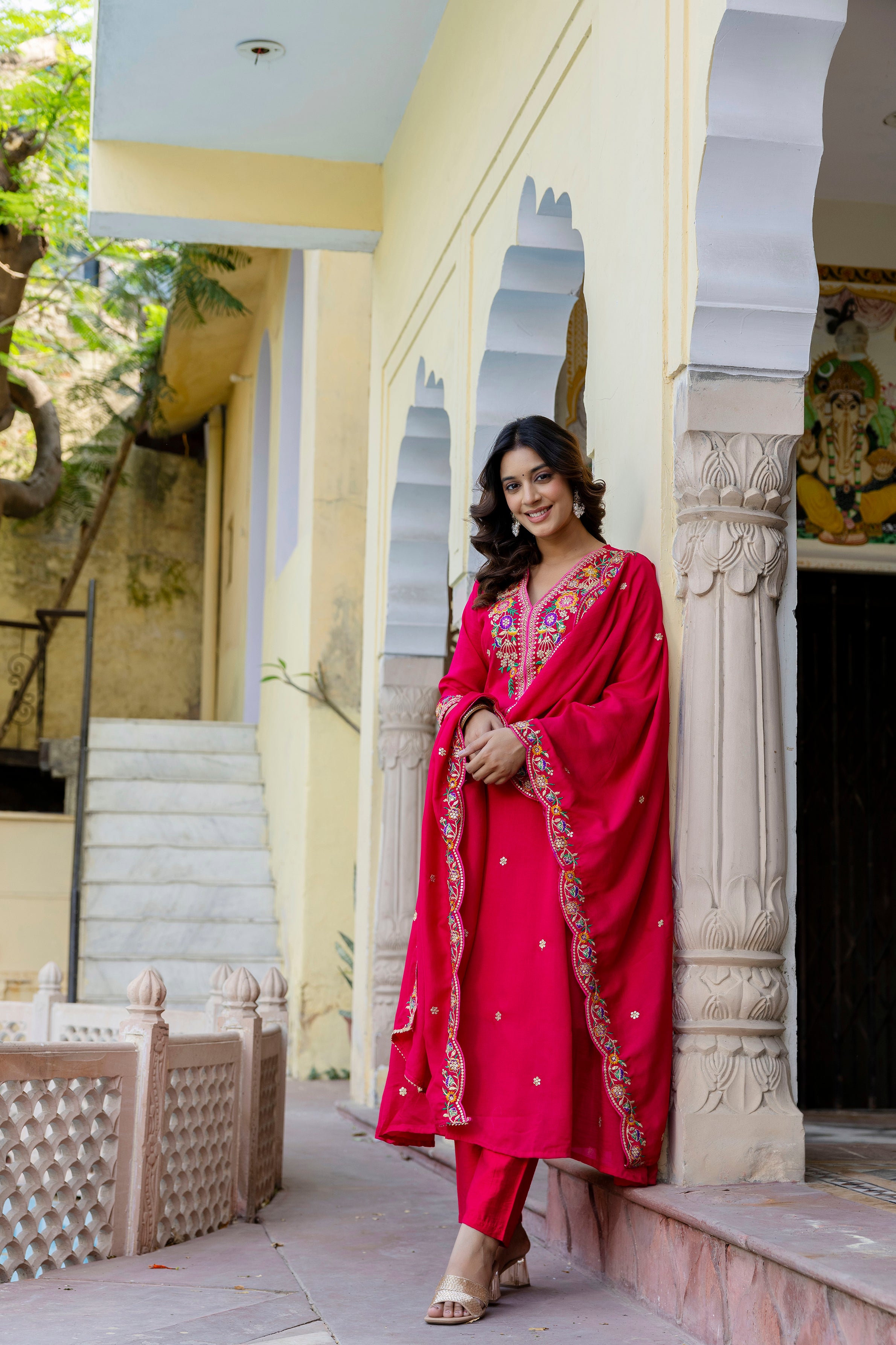 Fuchsia Floral Embroidered Anarkali Set