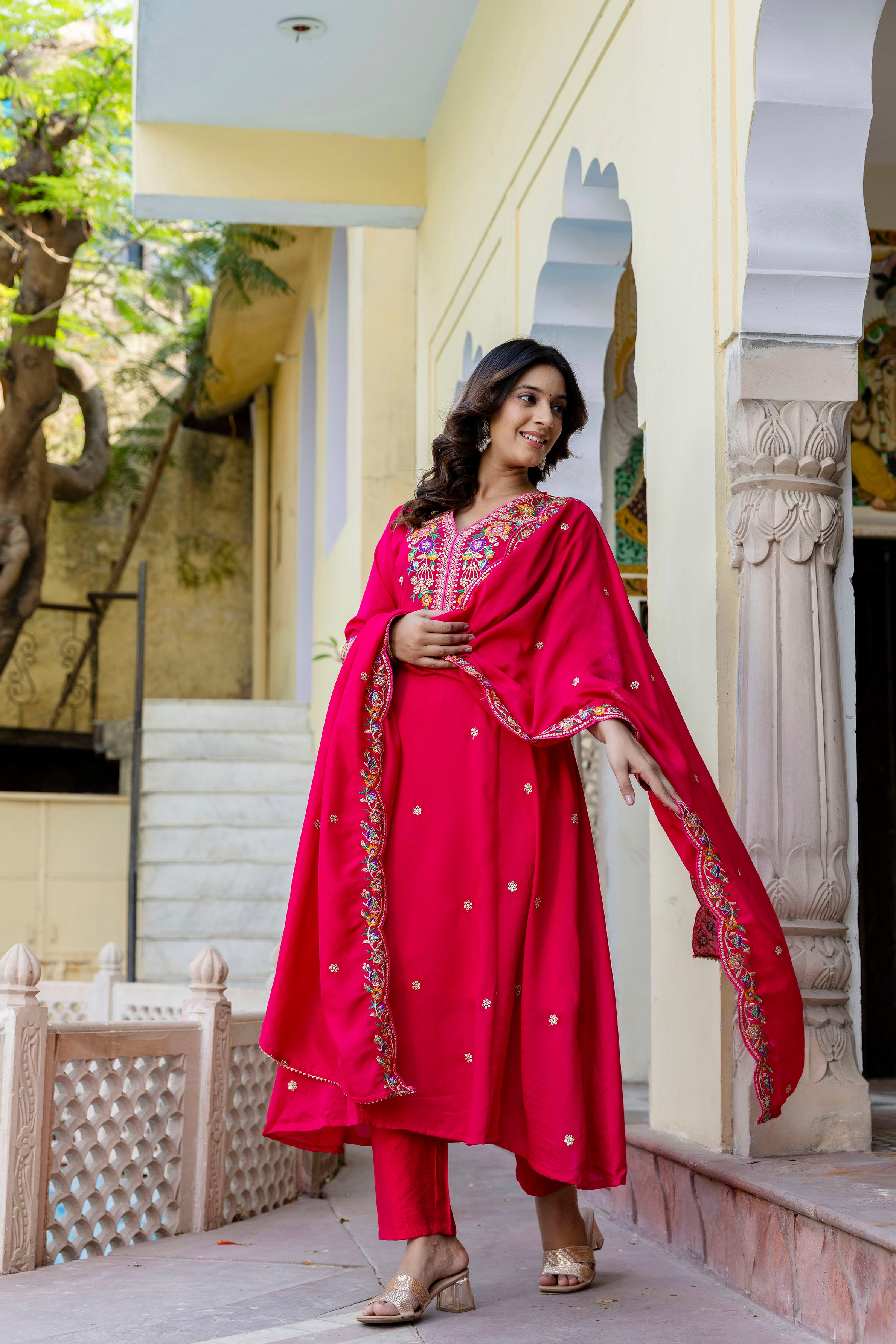 Fuchsia Floral Embroidered Anarkali Set