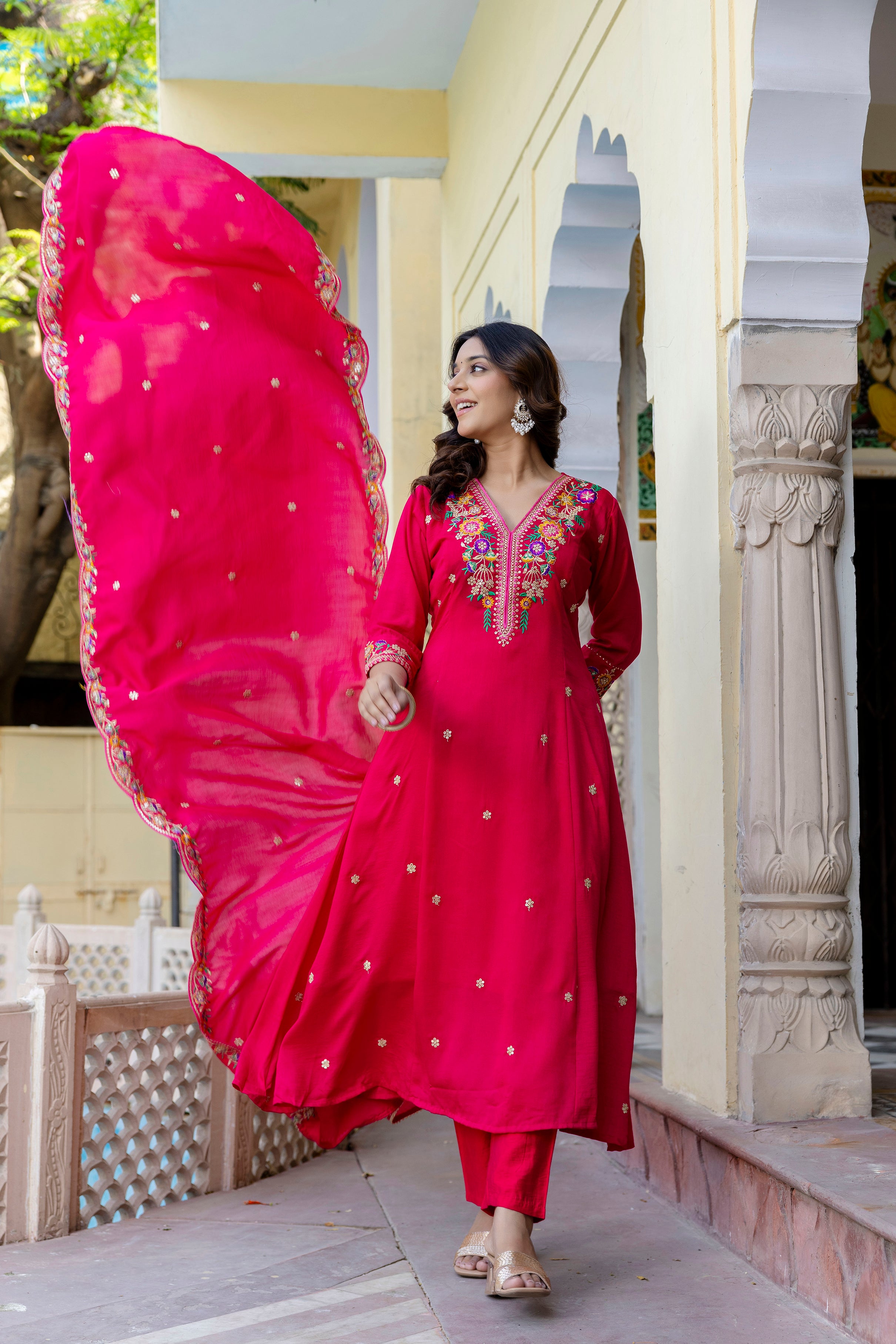 Fuchsia Floral Embroidered Anarkali Set