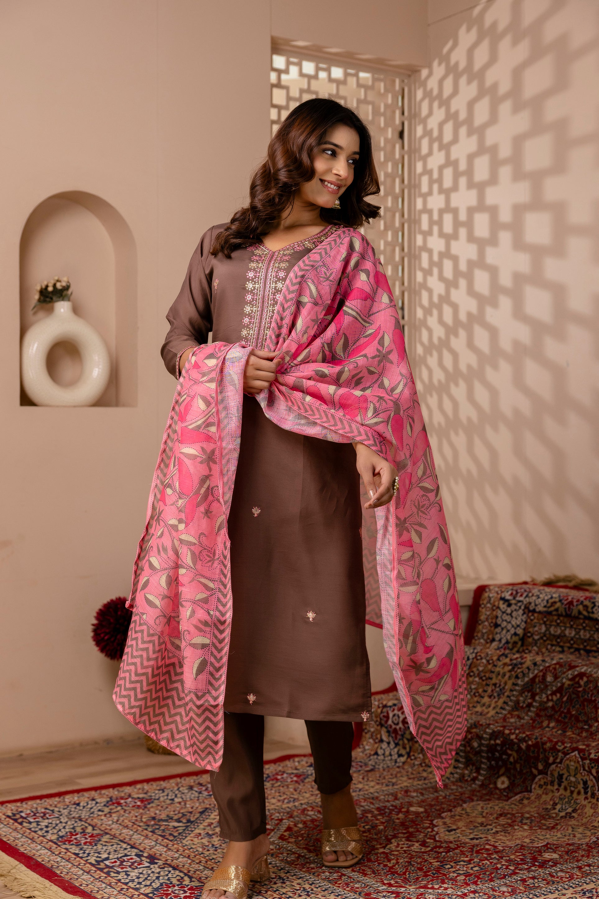 Brown Floral Embroidered Suit Set with Pink Dupatta