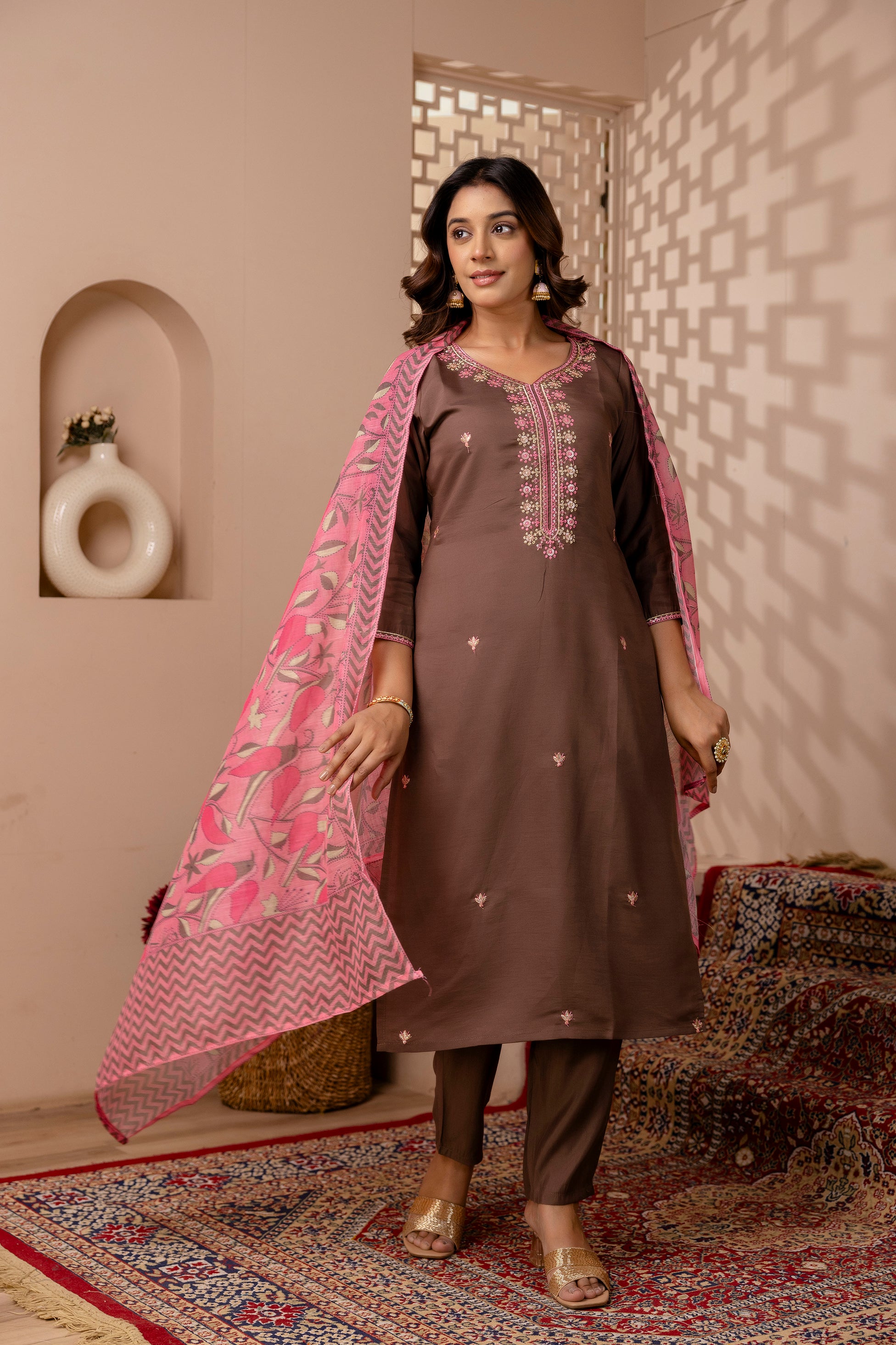 Brown Floral Embroidered Suit Set with Pink Dupatta