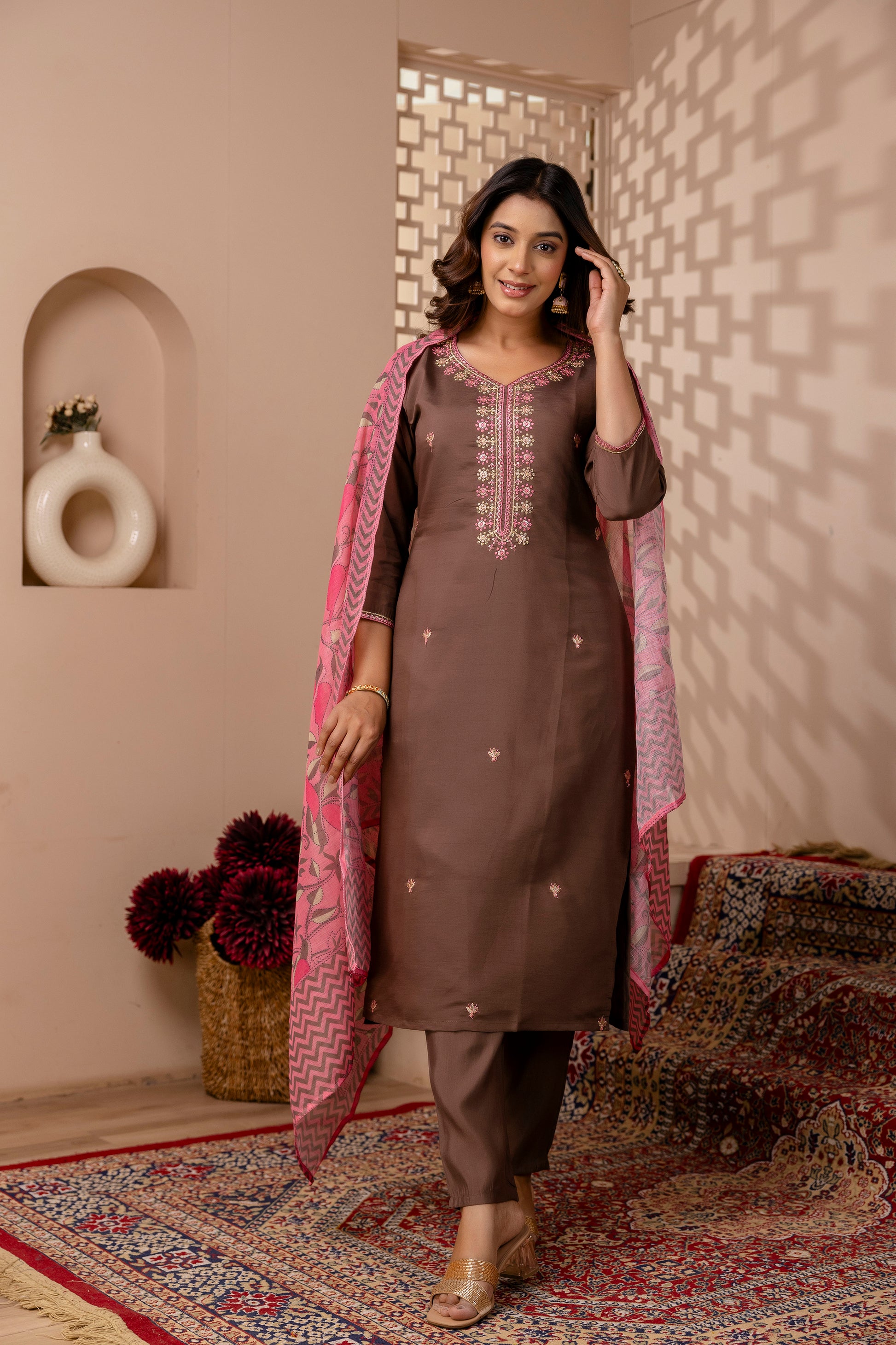 Brown Floral Embroidered Suit Set with Pink Dupatta