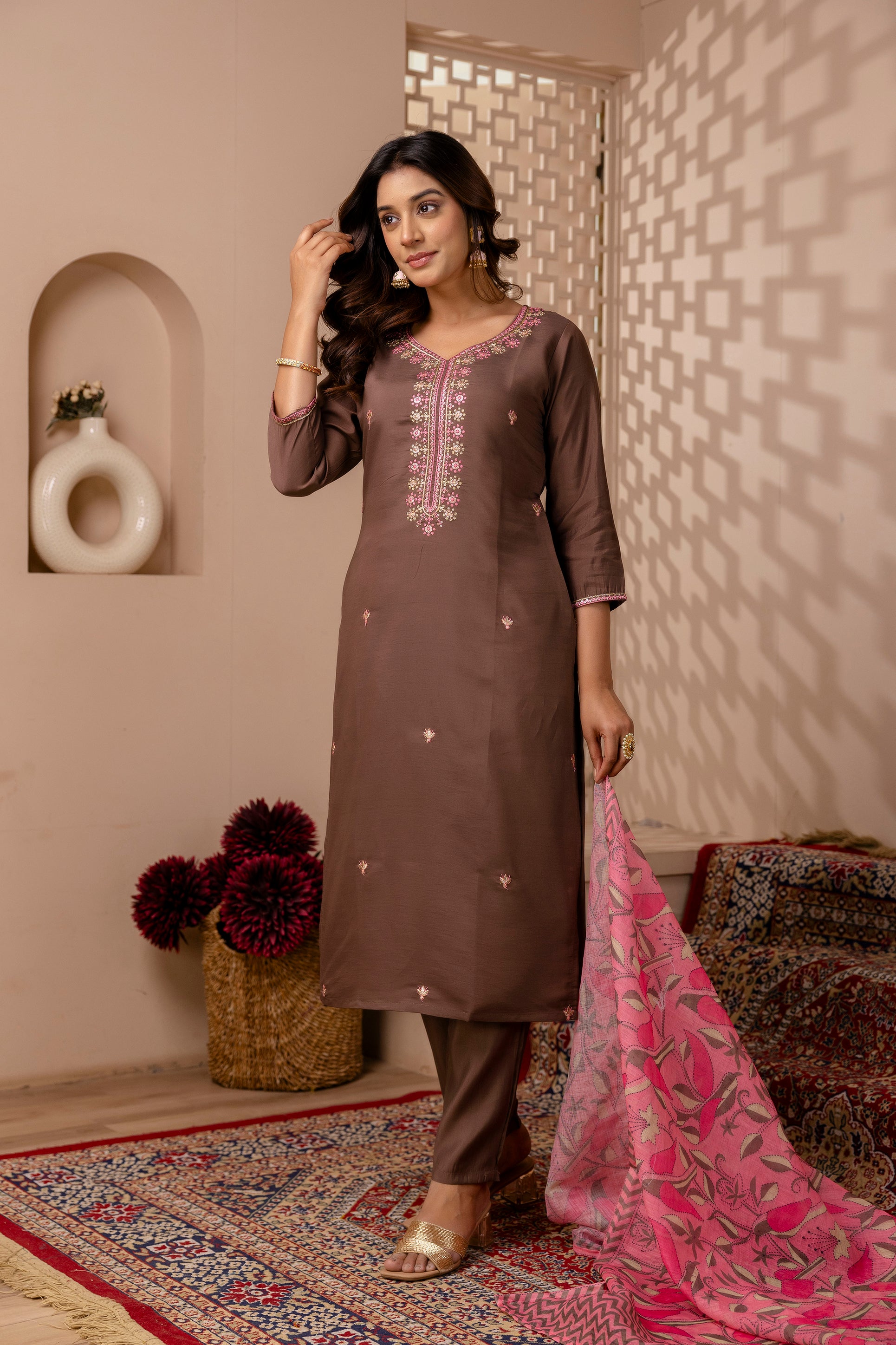 Brown Floral Embroidered Suit Set with Pink Dupatta