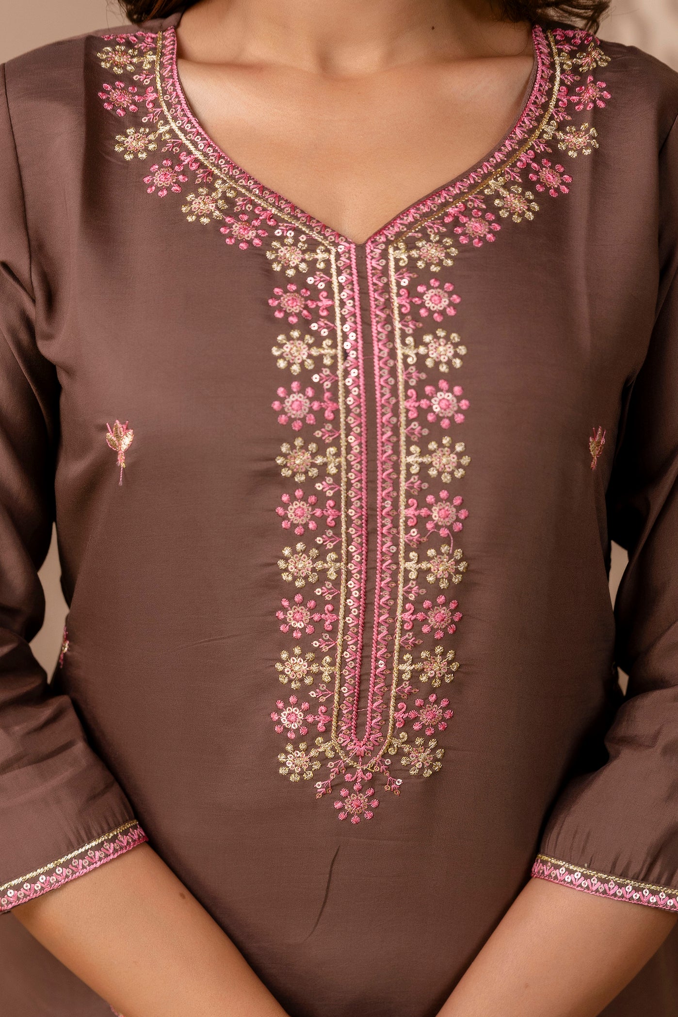 Brown Floral Embroidered Suit Set with Pink Dupatta