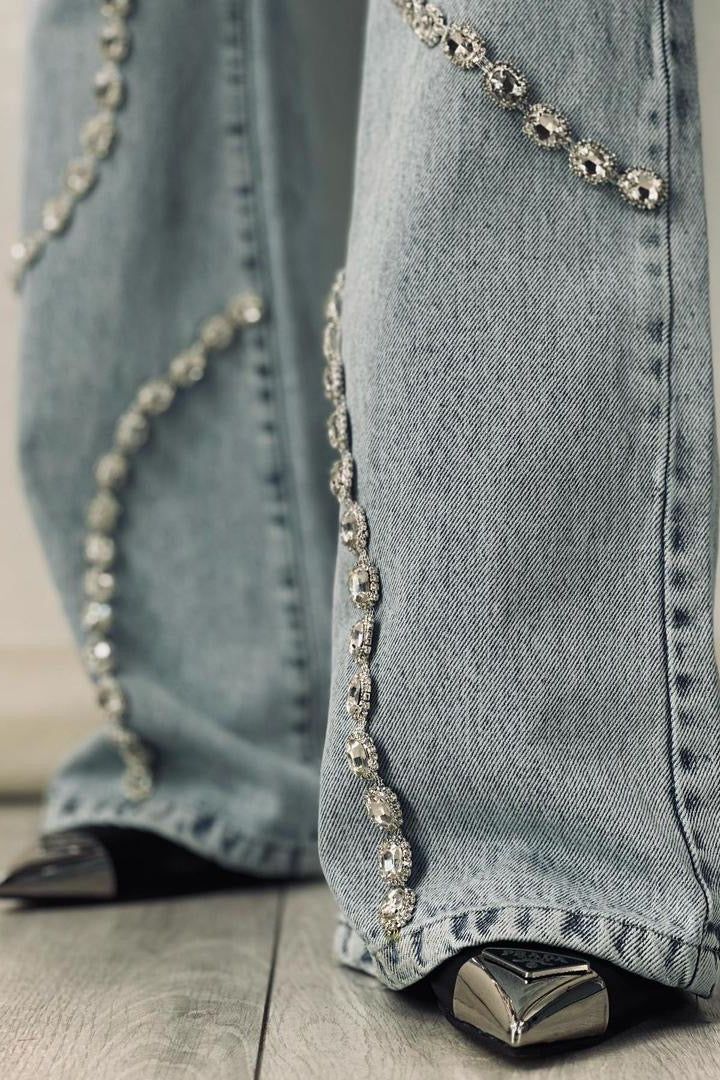 Rhinestone Embellished Wide Leg Jeans - Athena