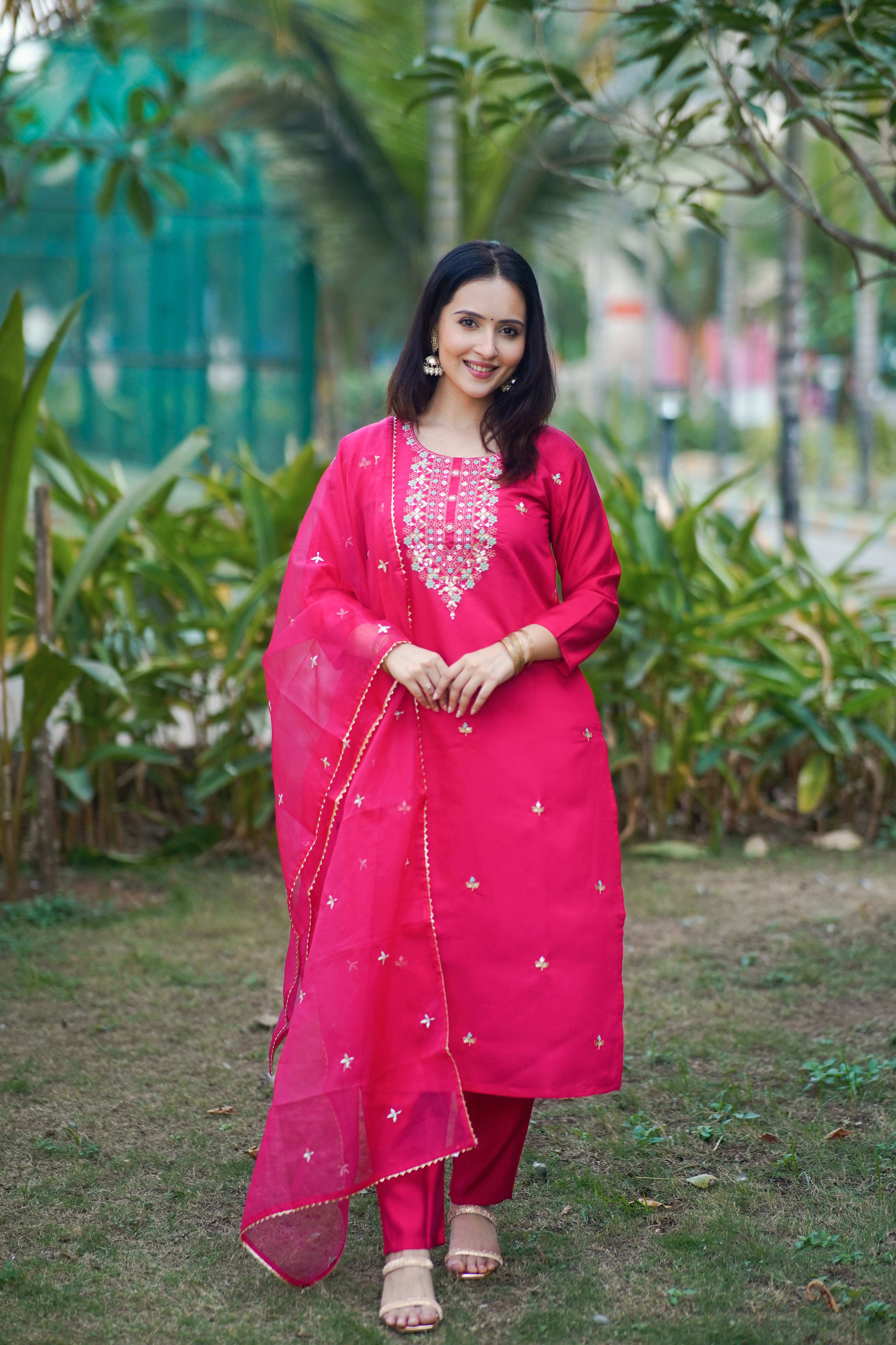 Hot Pink Mirror Embroidered Kurta Set ✨