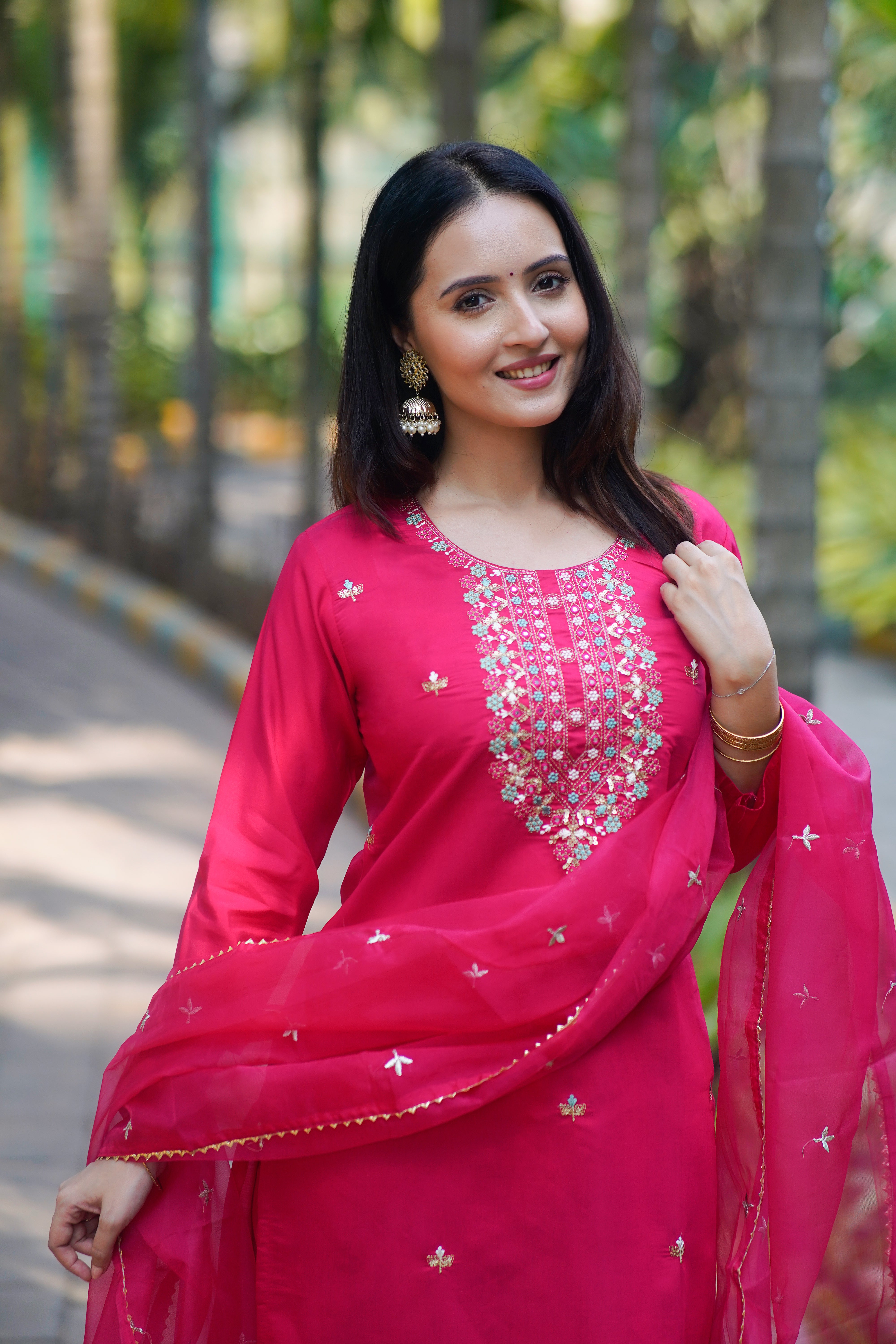 Hot Pink Mirror Embroidered Kurta Set ✨