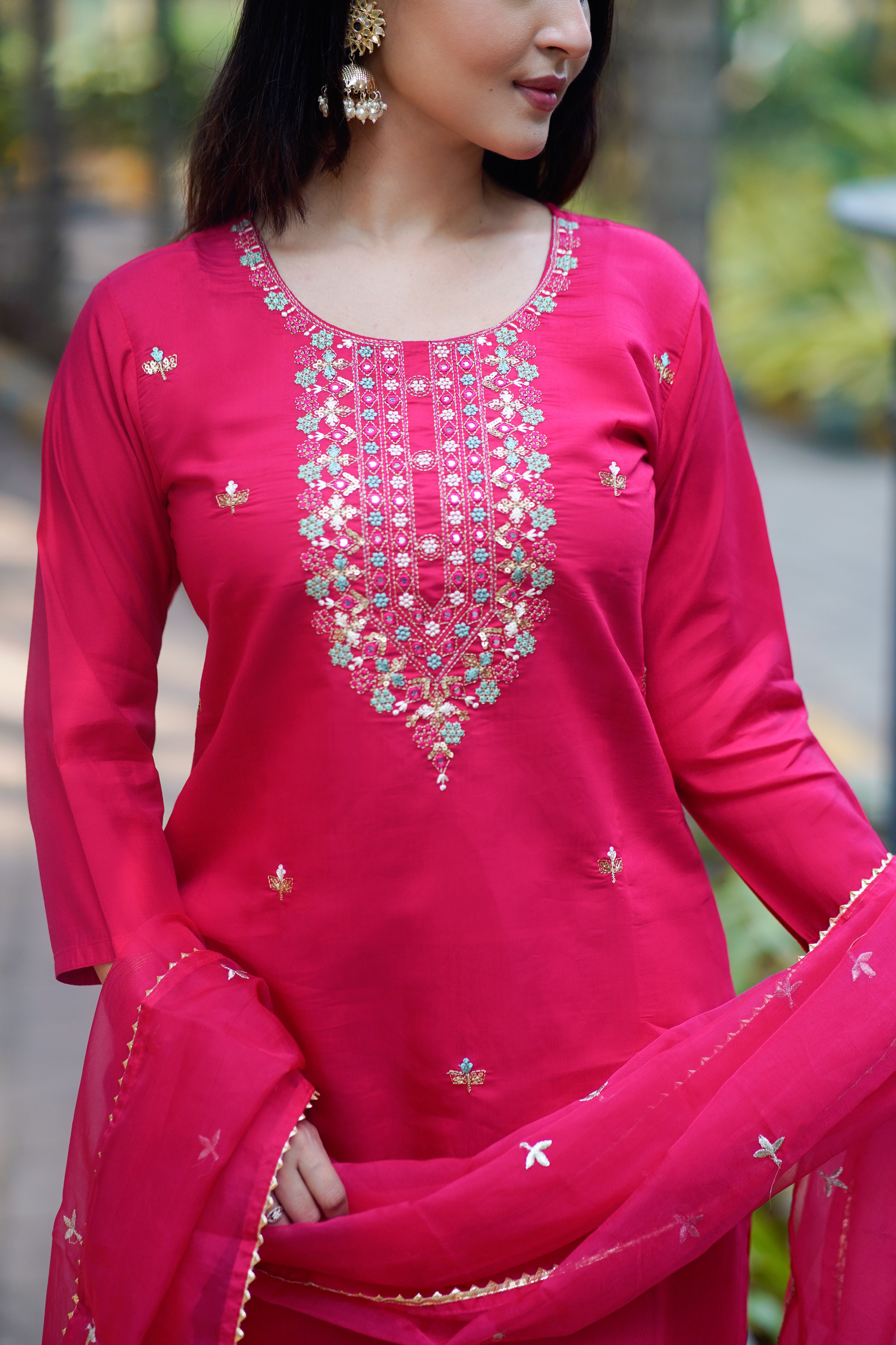 Hot Pink Mirror Embroidered Kurta Set ✨