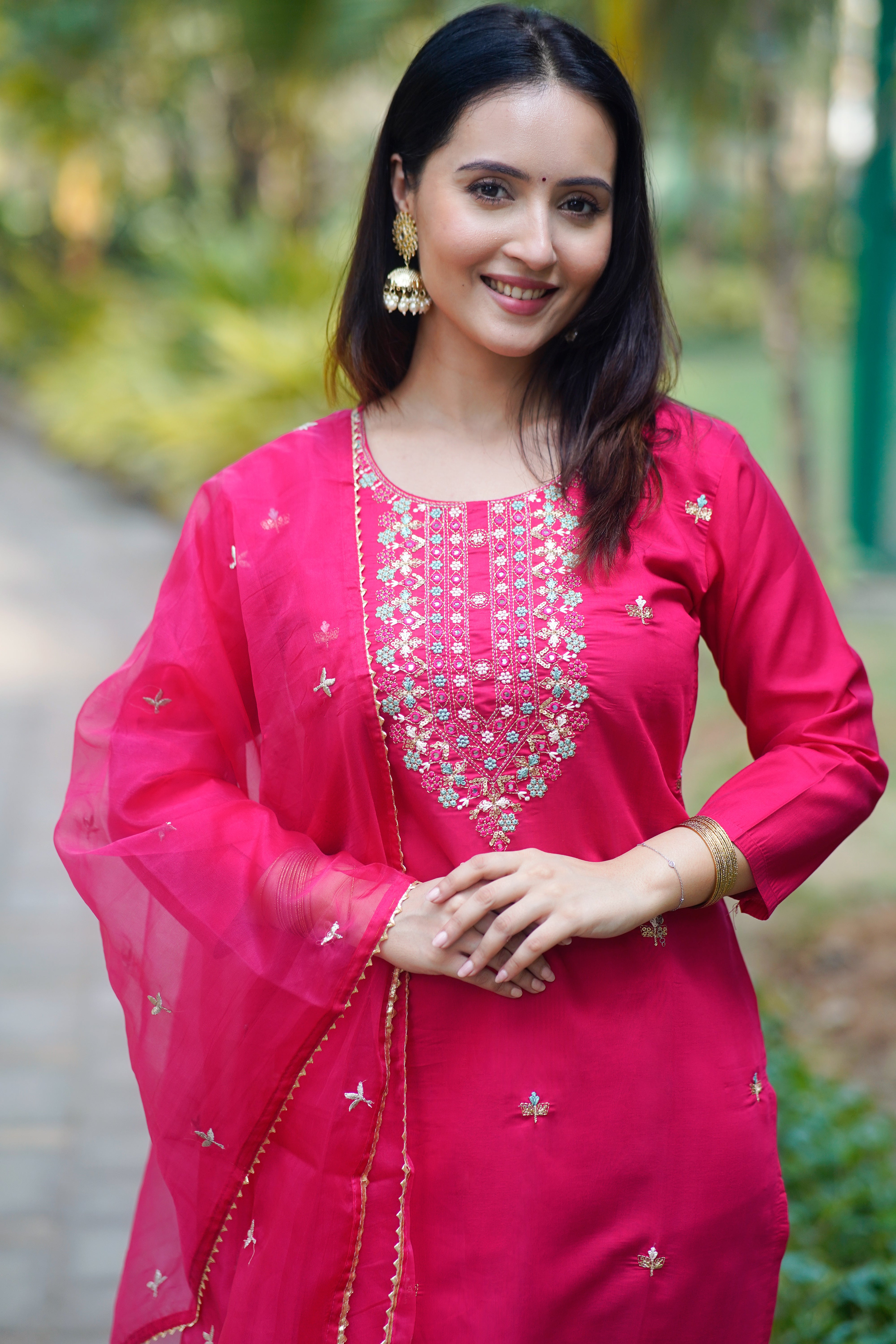 Hot Pink Mirror Embroidered Kurta Set ✨