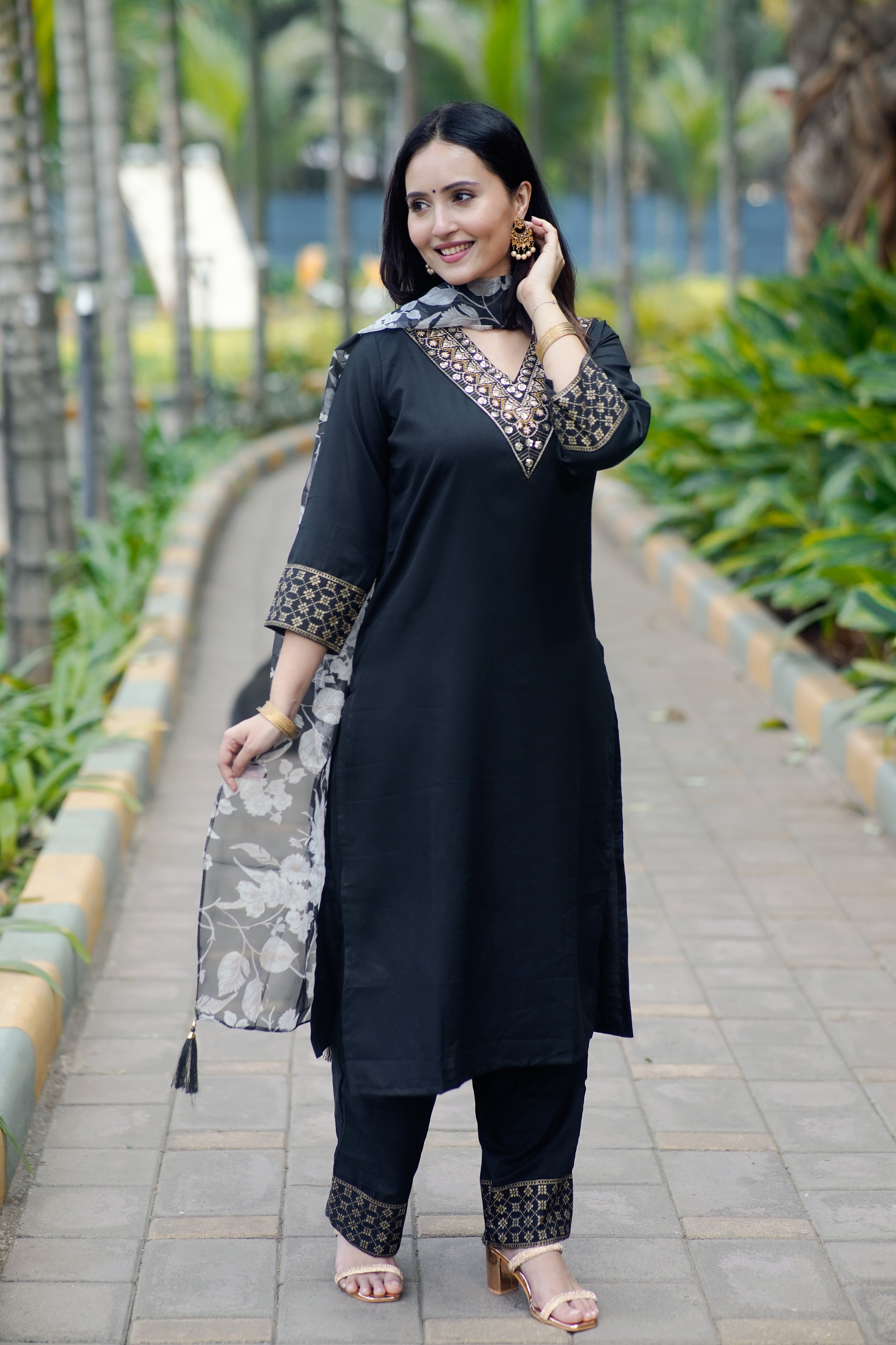 Black Mirror Work Kurta Set with Floral Organza Dupatta