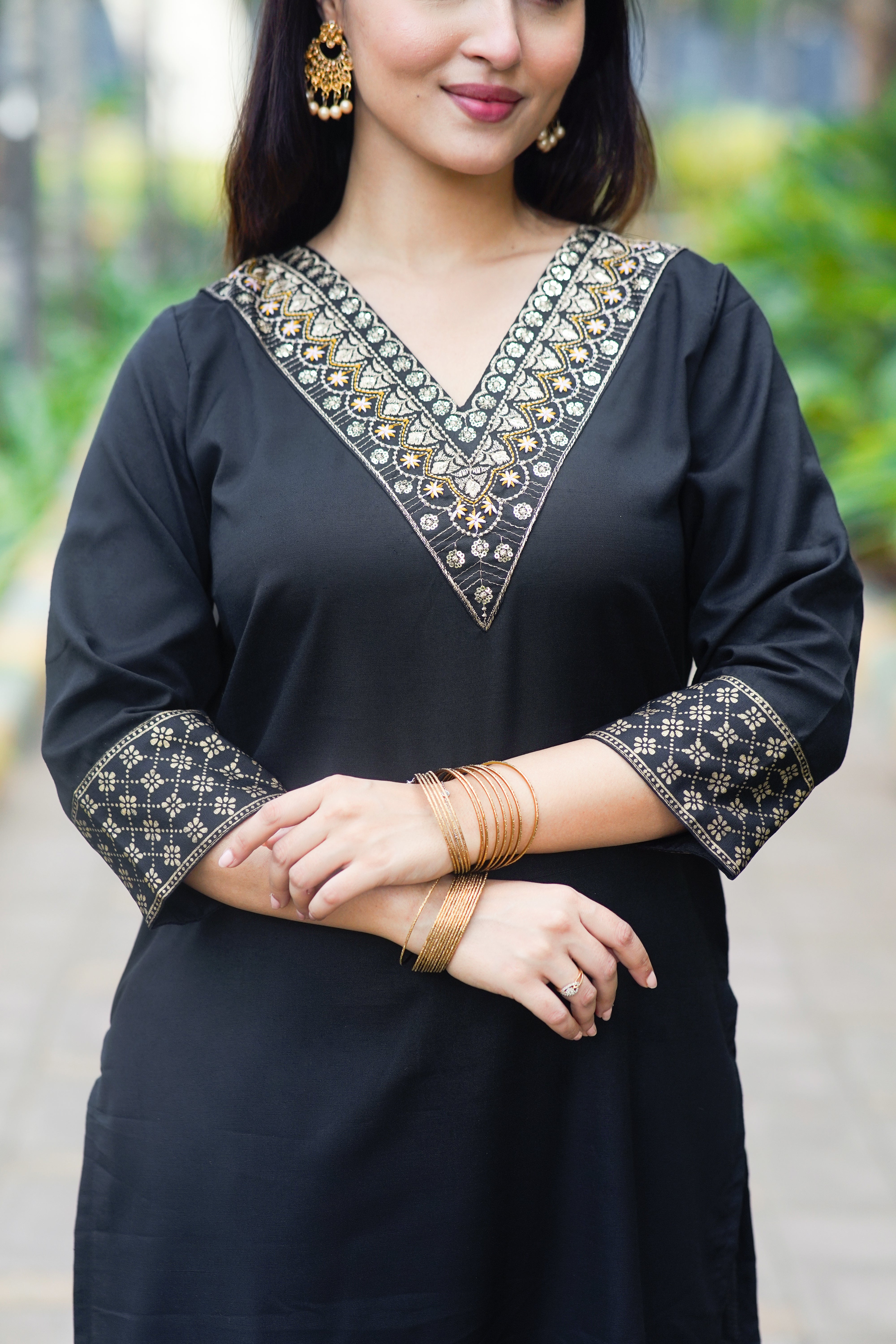 Black Mirror Work Kurta Set with Floral Organza Dupatta
