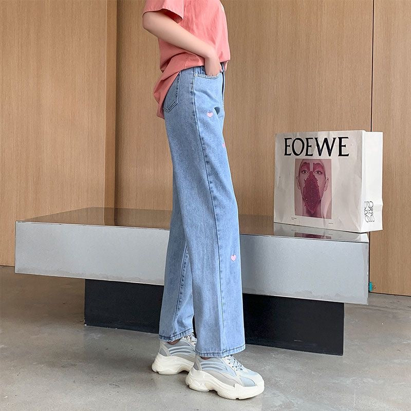 Pink Heart Embroidered Straight Fit Denim Jeans