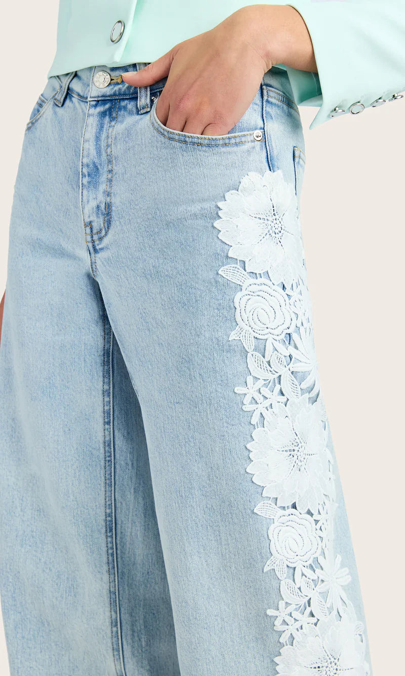 Ice Blue Floral Lace Wide-Leg Jeans 🌸👖