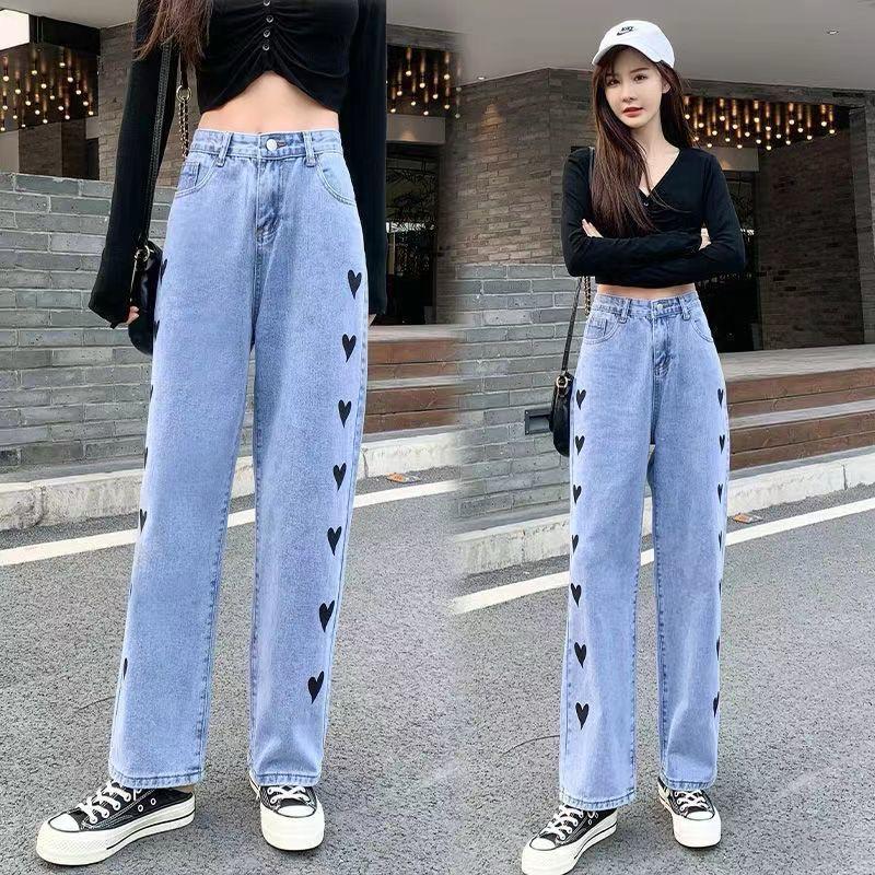 Black Heart Embroidered Straight Fit Denim Jeans