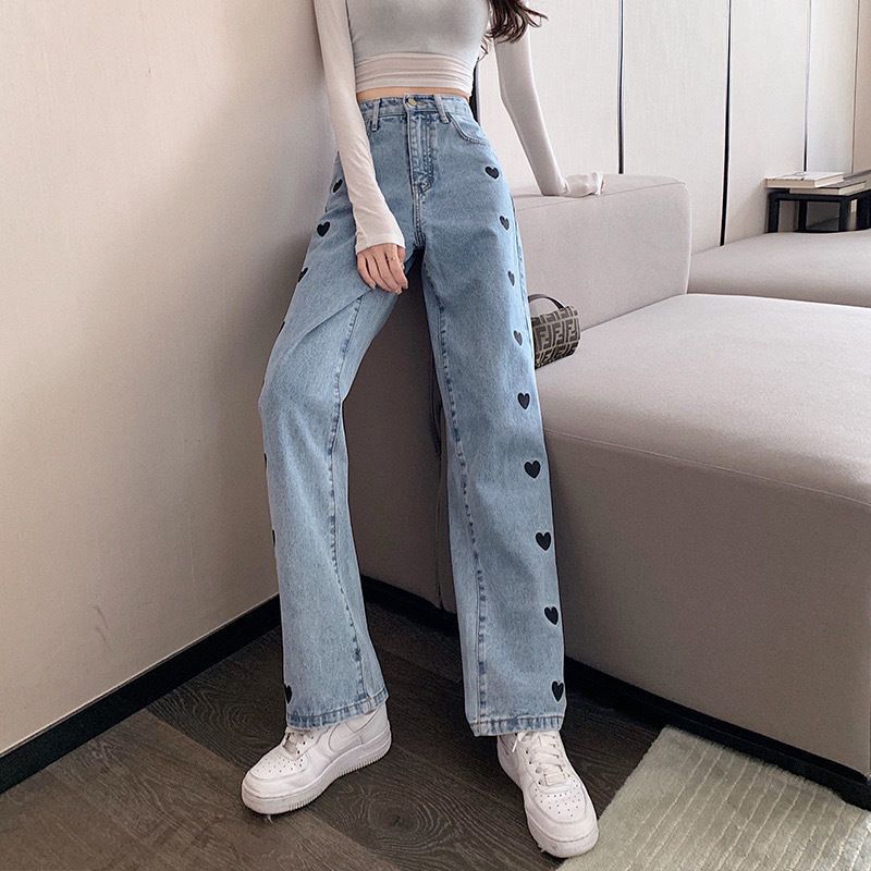 Black Heart Embroidered Straight Fit Denim Jeans