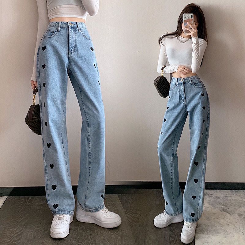 Black Heart Embroidered Straight Fit Denim Jeans