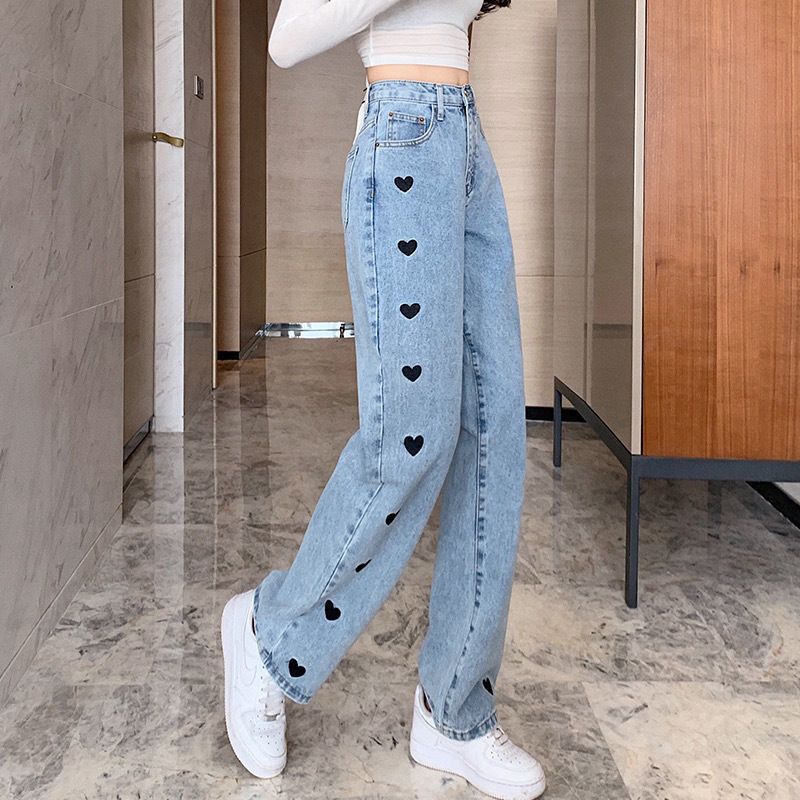 Black Heart Embroidered Straight Fit Denim Jeans