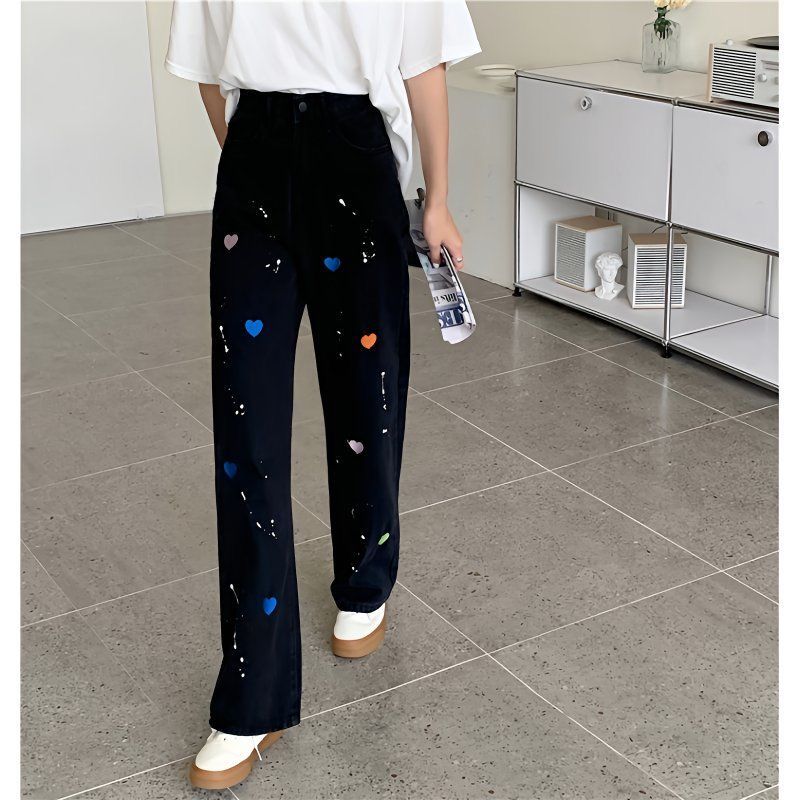 Trendy Heart Print Wide-Leg Jeans