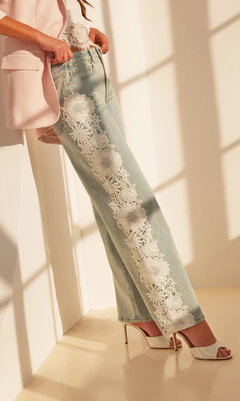 Ice Blue Floral Lace Wide-Leg Jeans 🌸👖
